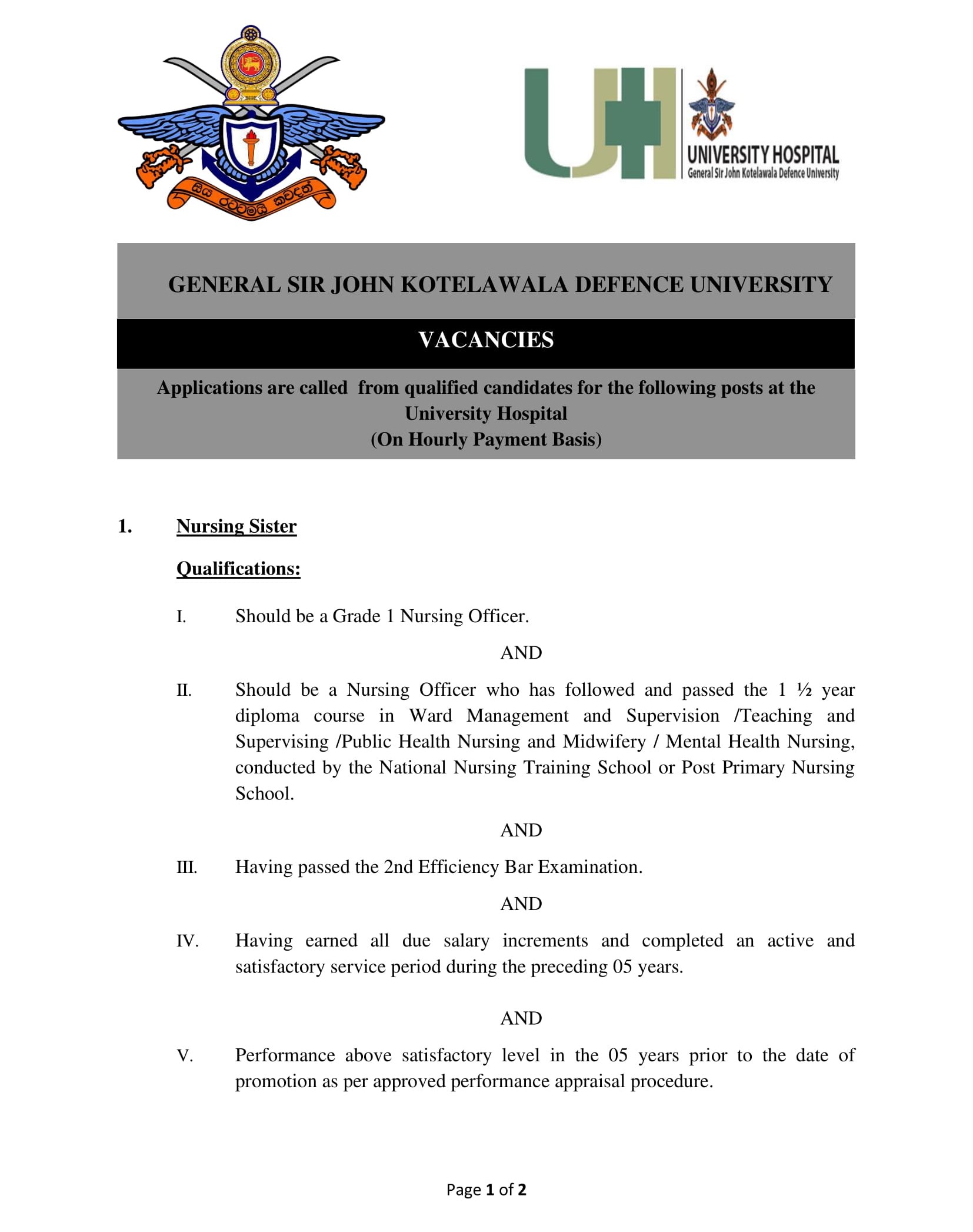 Nursing Sister, Midwife - General Sir John Kotelawala Defence University