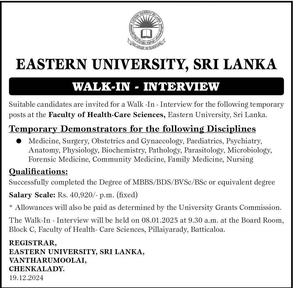 Temporary Demonstrator - Eastern University, Sri Lanka