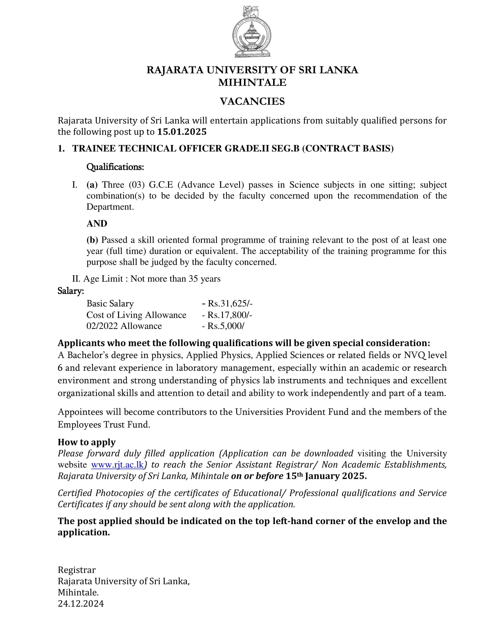 Technical Officer - Rajarata University of Sri Lanka