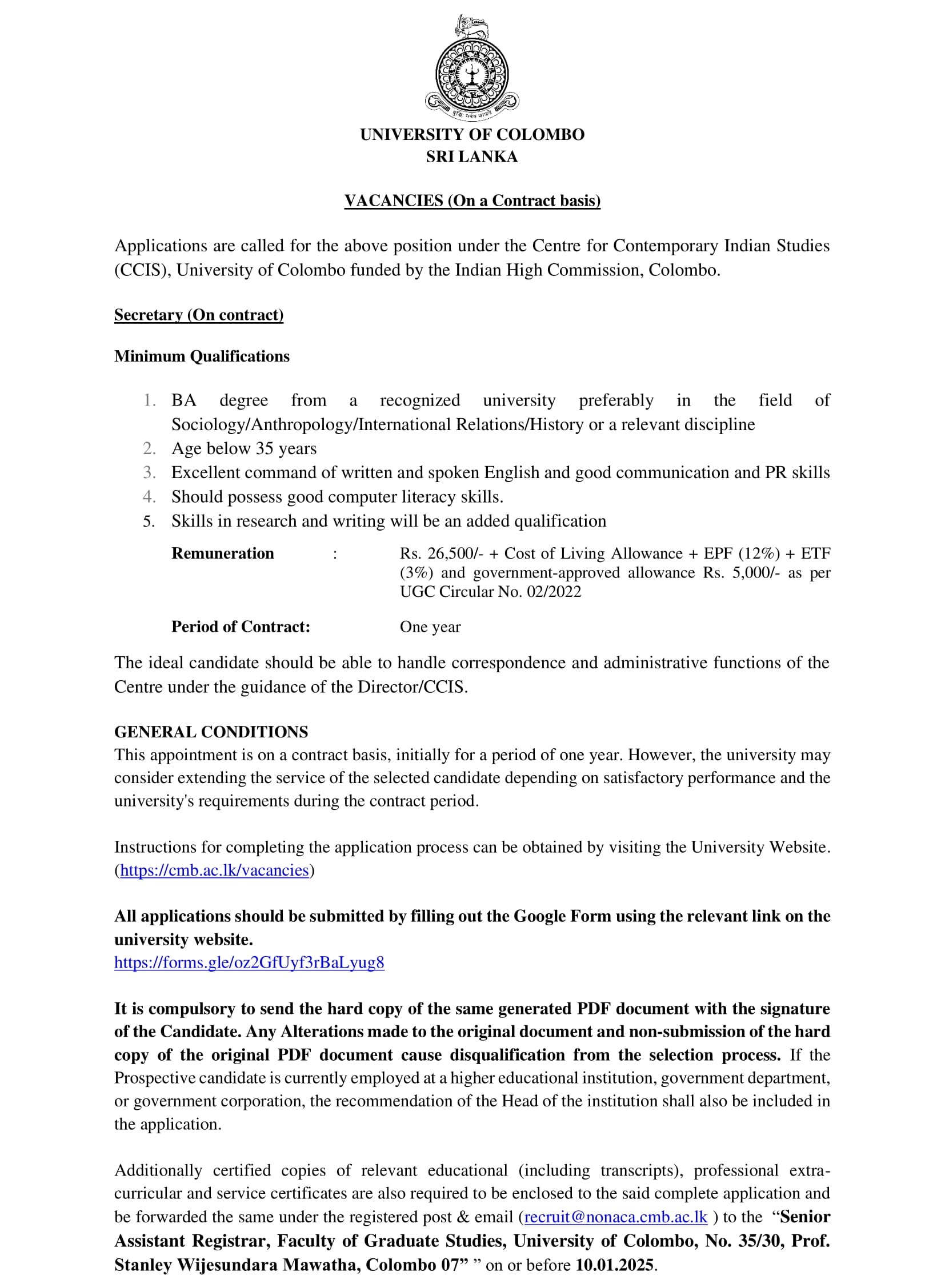 Secretary - University of Colombo