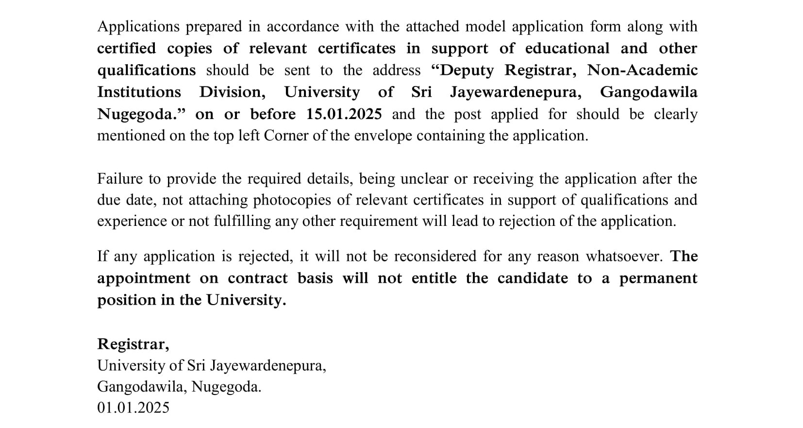 Supervisor (Mechanical, Electrical, Plumbing), Technical Officer, Mason, Driver, Security Guard - University of Sri Jayewardenepura