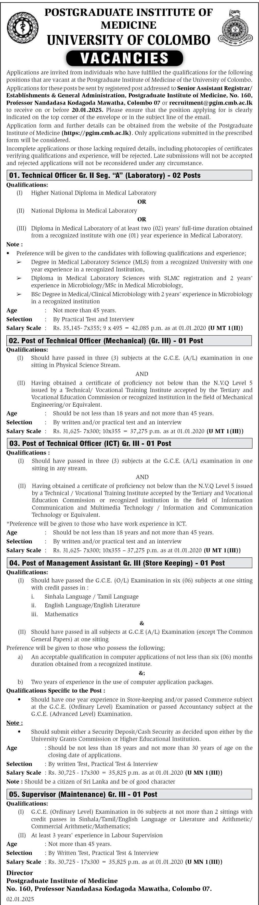 Management Assistant (Store Keeping), Technical Officer (Laboratory, Mechanical, ICT), Supervisor (Maintenance) - Postgraduate Institute of Medicine - University of Colombo