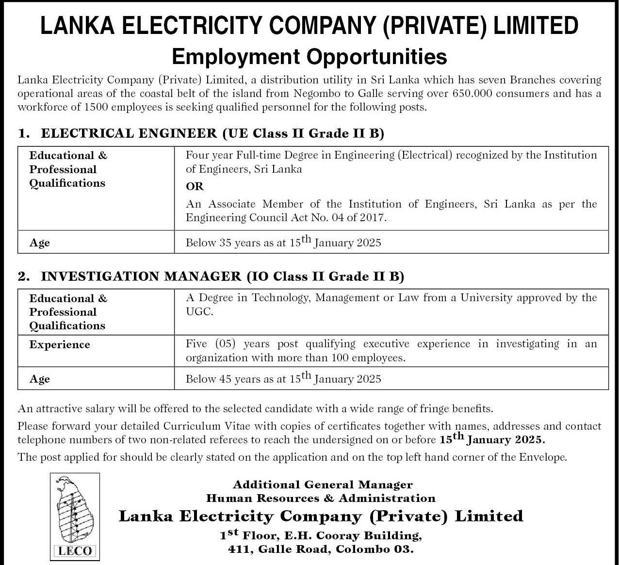 Electrical Engineer, Investigation Manager - Lanka Electricity Company (Private) Limited