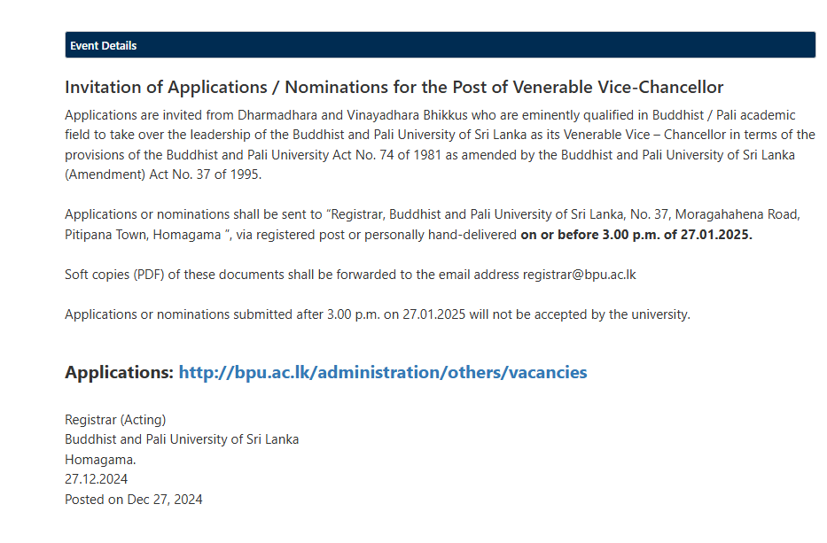 Venerable Vice Chancellor - Buddhist & Pali University of Sri Lanka