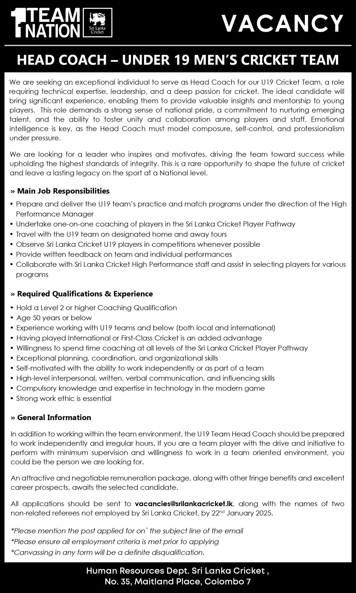 Head Coach (Under 19 Men’s Cricket Team) - Sri Lanka Cricket
