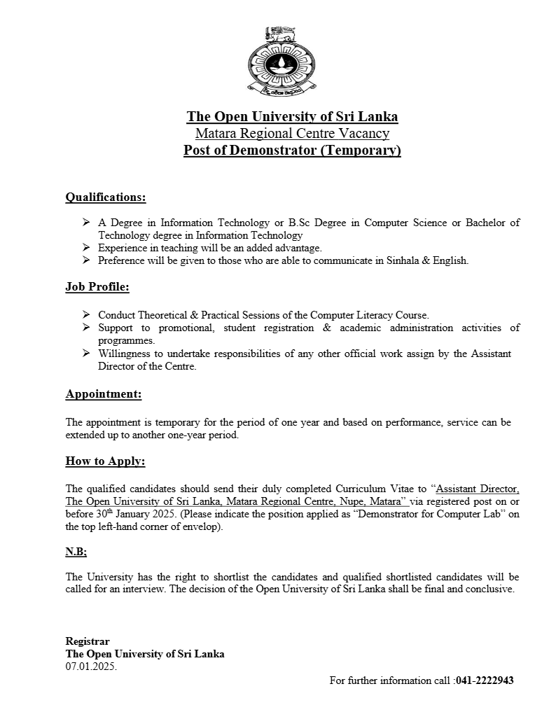 Demonstrator - The Open University of Sri Lanka