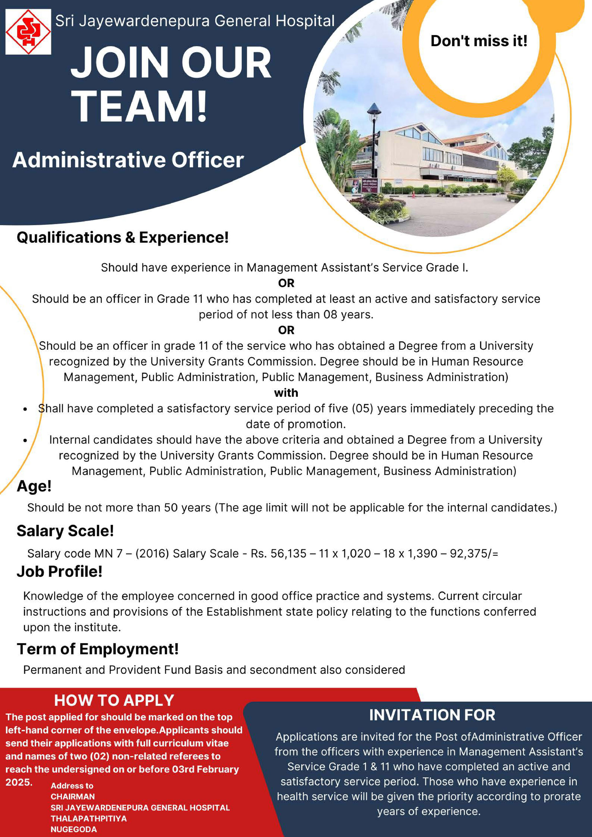 Accountant, Administrative Officer, Cardiographer, Chef, Civil Engineer, Consultant Radiologist - Sri Jayewardenepura General Hospital 