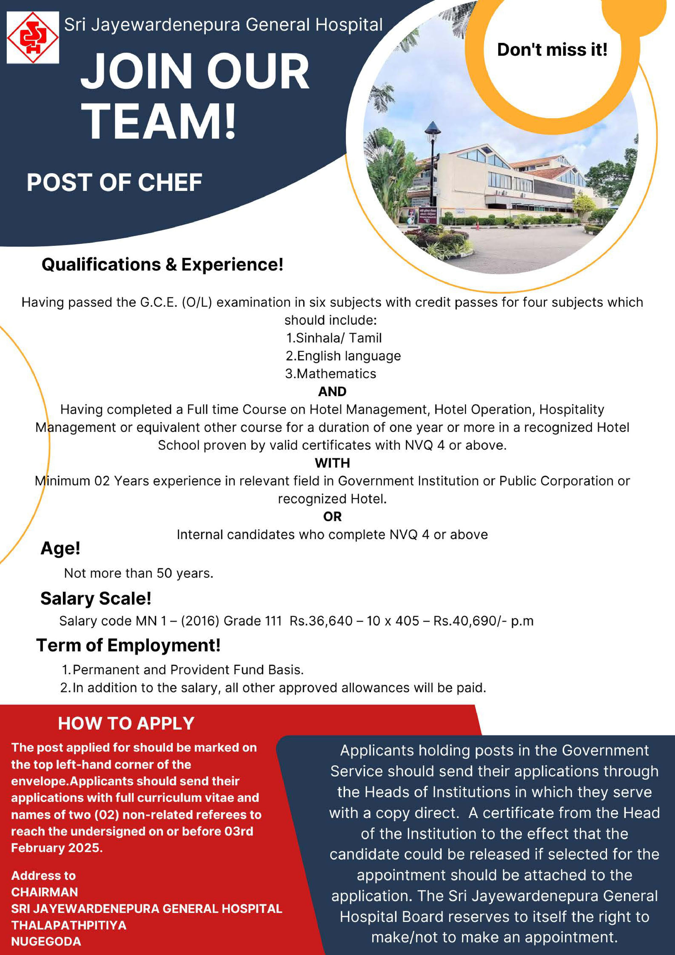 Accountant, Administrative Officer, Cardiographer, Chef, Civil Engineer, Consultant Radiologist - Sri Jayewardenepura General Hospital 