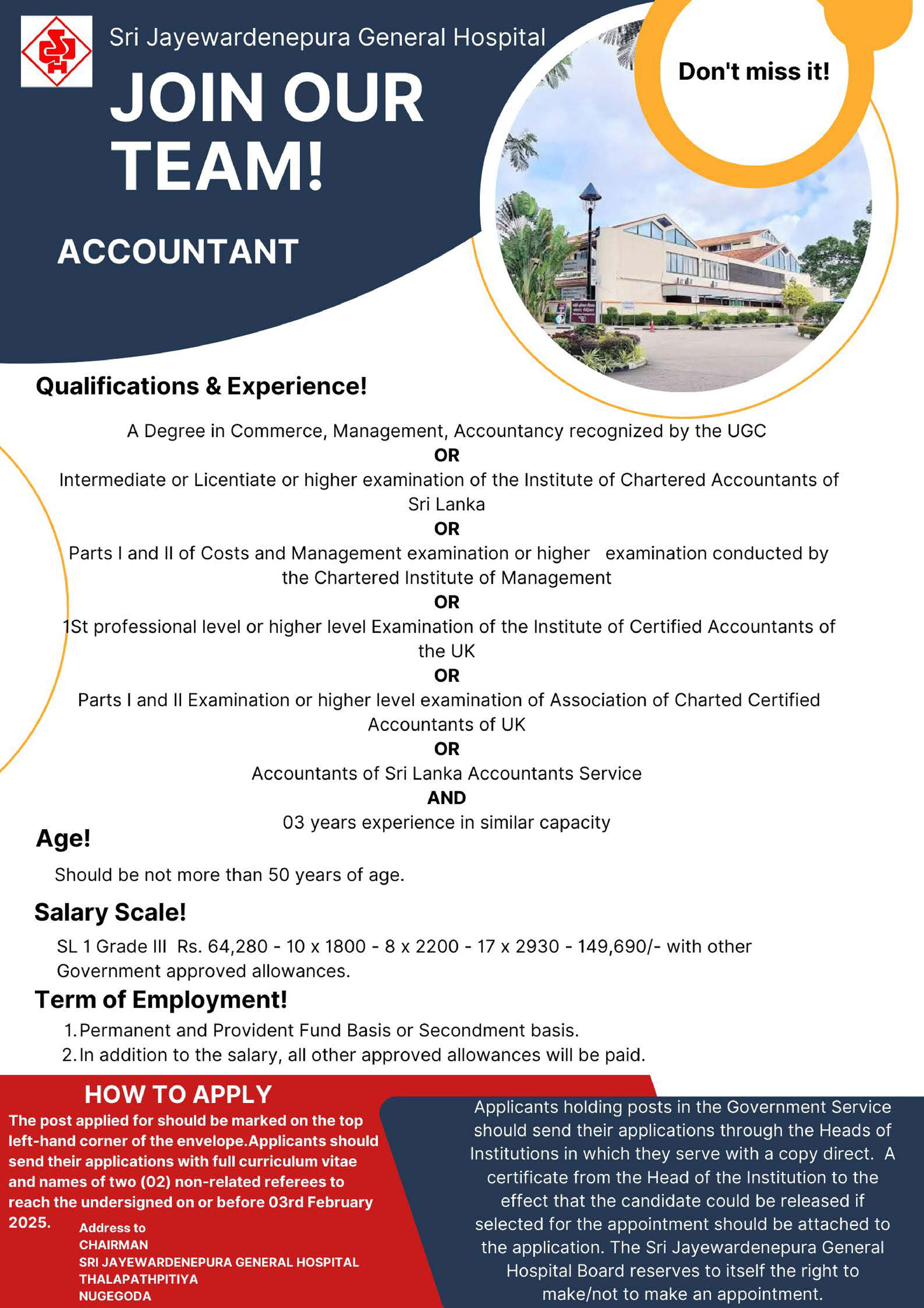 Accountant, Administrative Officer, Cardiographer, Chef, Civil Engineer, Consultant Radiologist - Sri Jayewardenepura General Hospital 