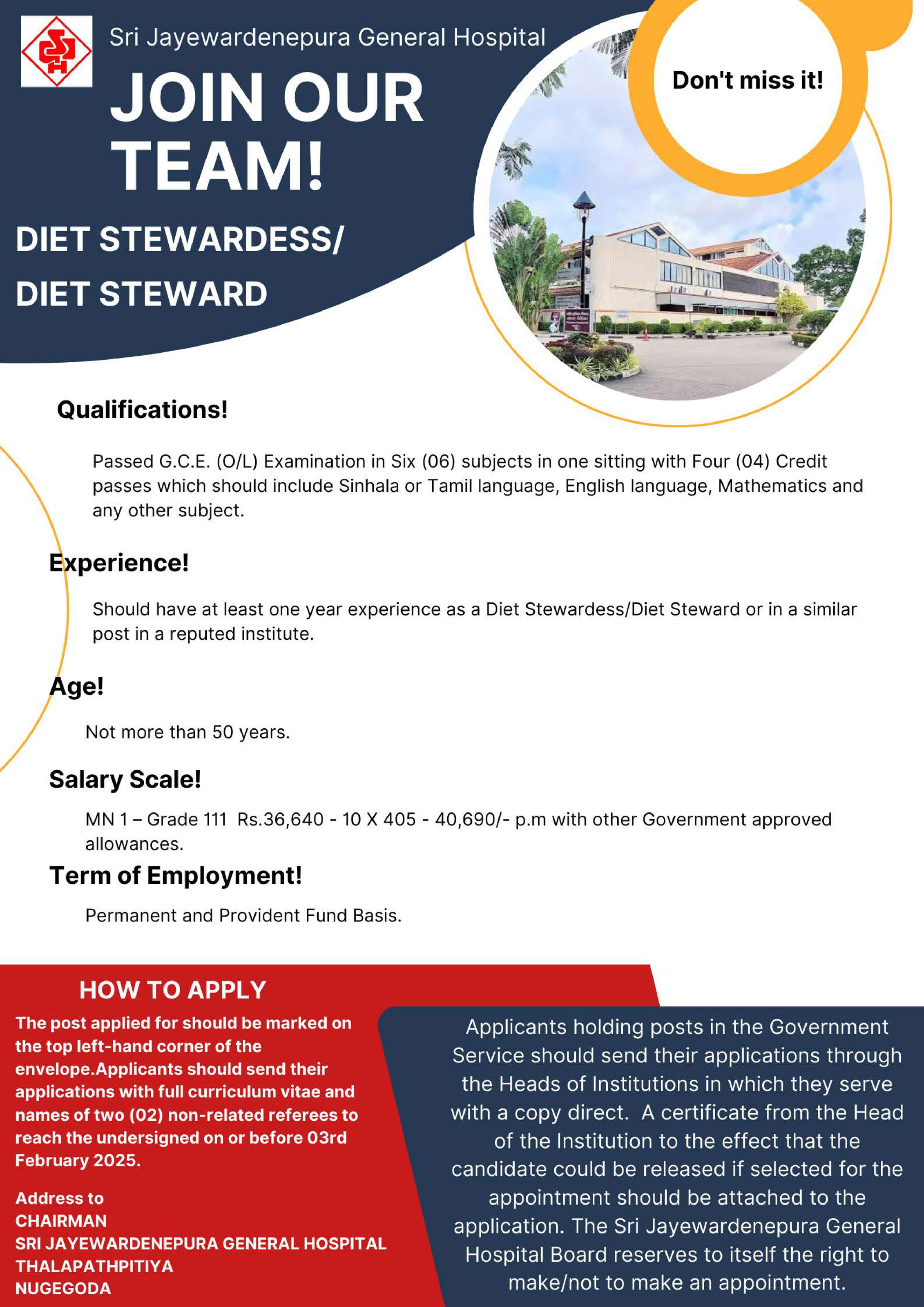 Consultant Anaesthetist, Consultant Neonatologist, Diet Steward/ Diet Stewardess, Electrical Foreman, Electro Medical Technician, Medical Laboratory Technologist - Sri Jayewardenepura General Hospital