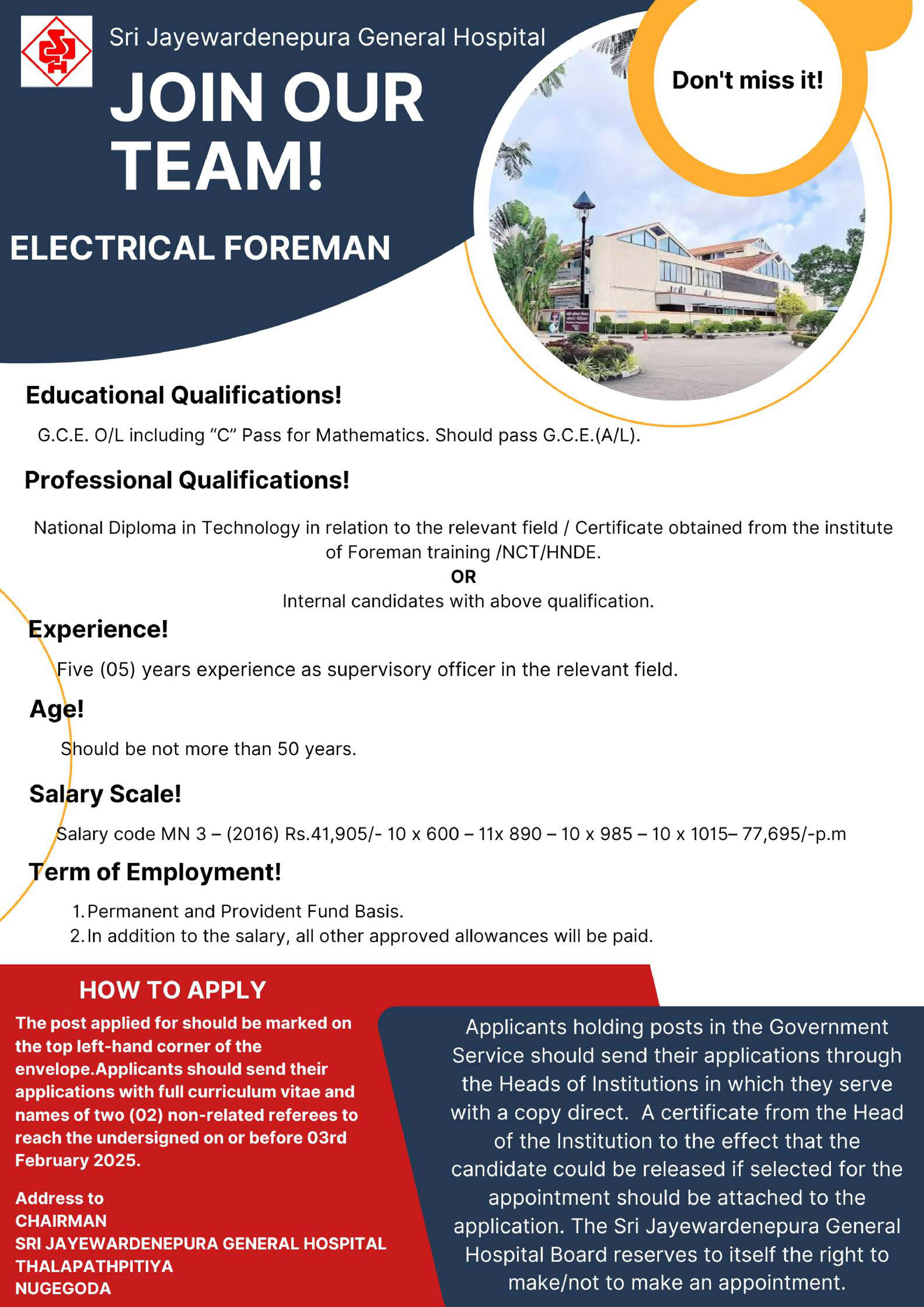 Consultant Anaesthetist, Consultant Neonatologist, Diet Steward/ Diet Stewardess, Electrical Foreman, Electro Medical Technician, Medical Laboratory Technologist - Sri Jayewardenepura General Hospital