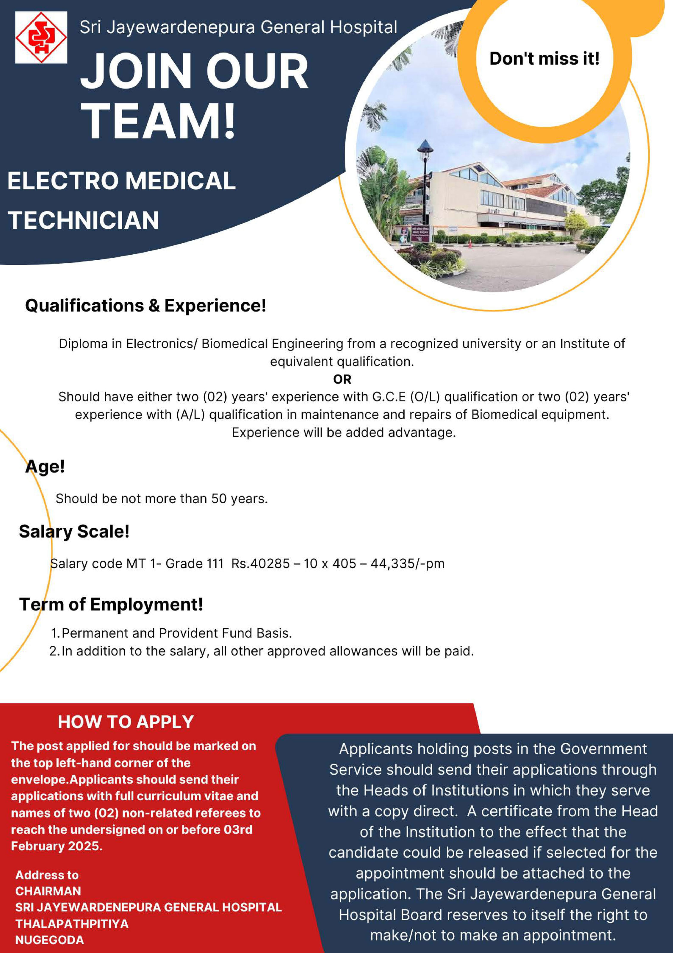 Consultant Anaesthetist, Consultant Neonatologist, Diet Steward/ Diet Stewardess, Electrical Foreman, Electro Medical Technician, Medical Laboratory Technologist - Sri Jayewardenepura General Hospital