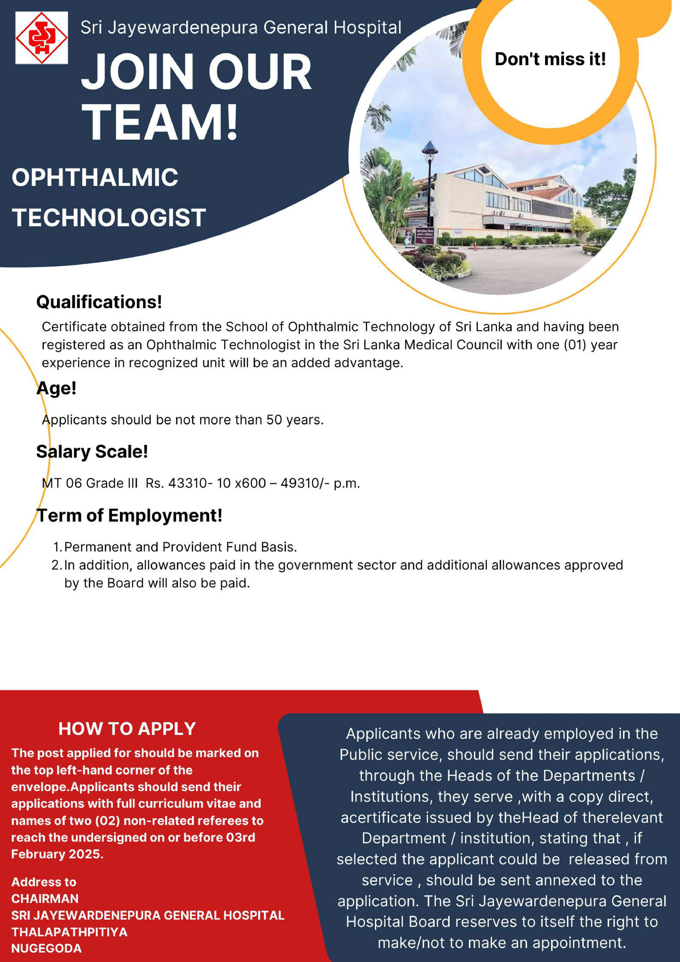 Ophthalmic Technologist, Perfusionist, Pharmacist, Physiotherapist, Radiographer, Theatre Technician - Sri Jayewardenepura General Hospital