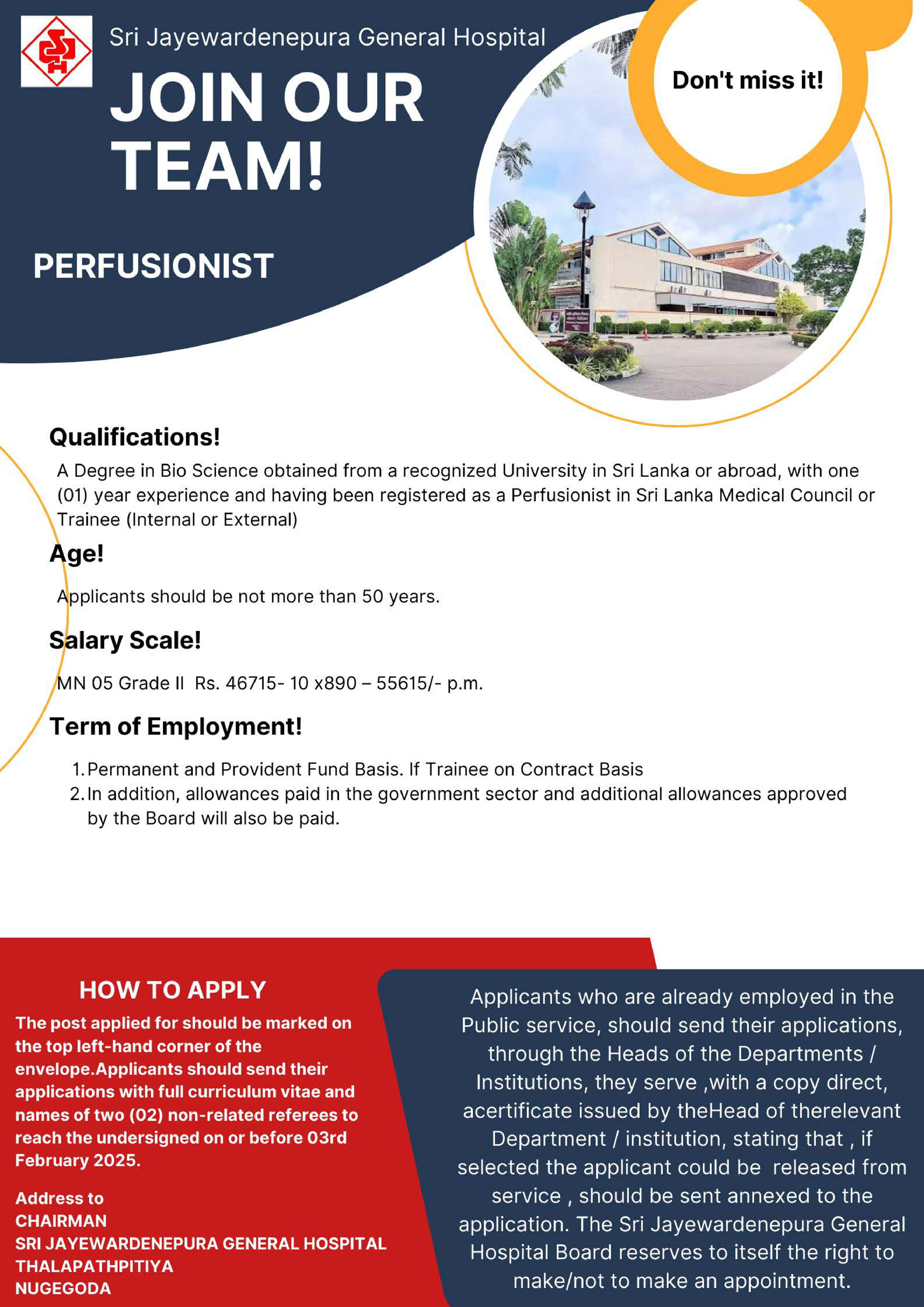 Ophthalmic Technologist, Perfusionist, Pharmacist, Physiotherapist, Radiographer, Theatre Technician - Sri Jayewardenepura General Hospital