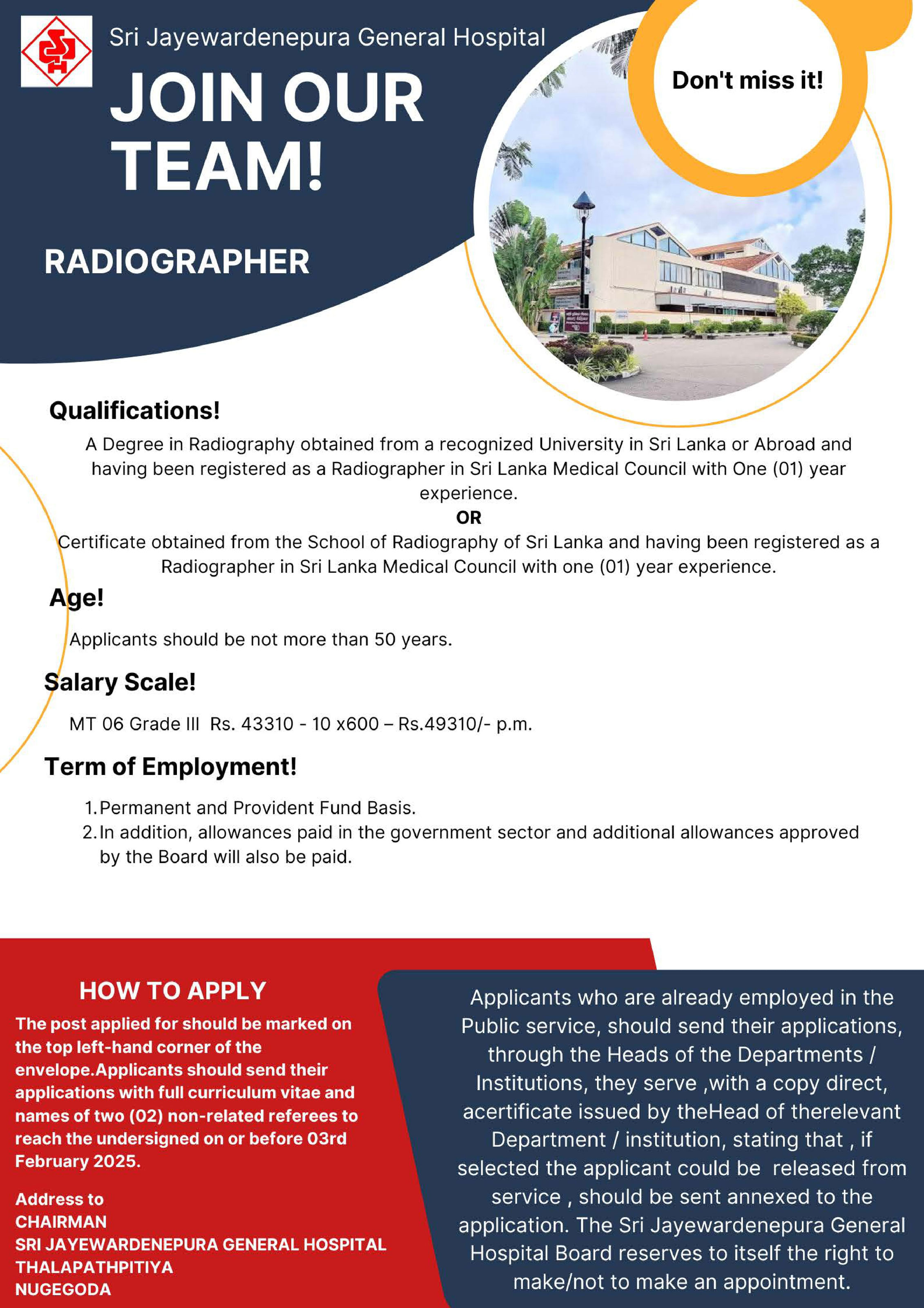 Ophthalmic Technologist, Perfusionist, Pharmacist, Physiotherapist, Radiographer, Theatre Technician - Sri Jayewardenepura General Hospital