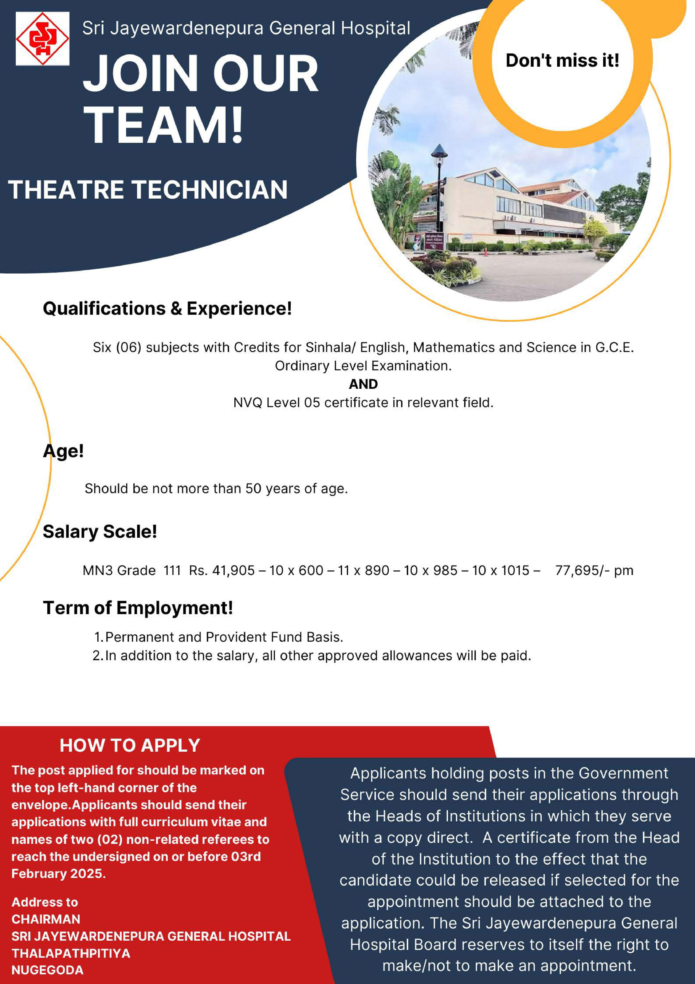 Ophthalmic Technologist, Perfusionist, Pharmacist, Physiotherapist, Radiographer, Theatre Technician - Sri Jayewardenepura General Hospital