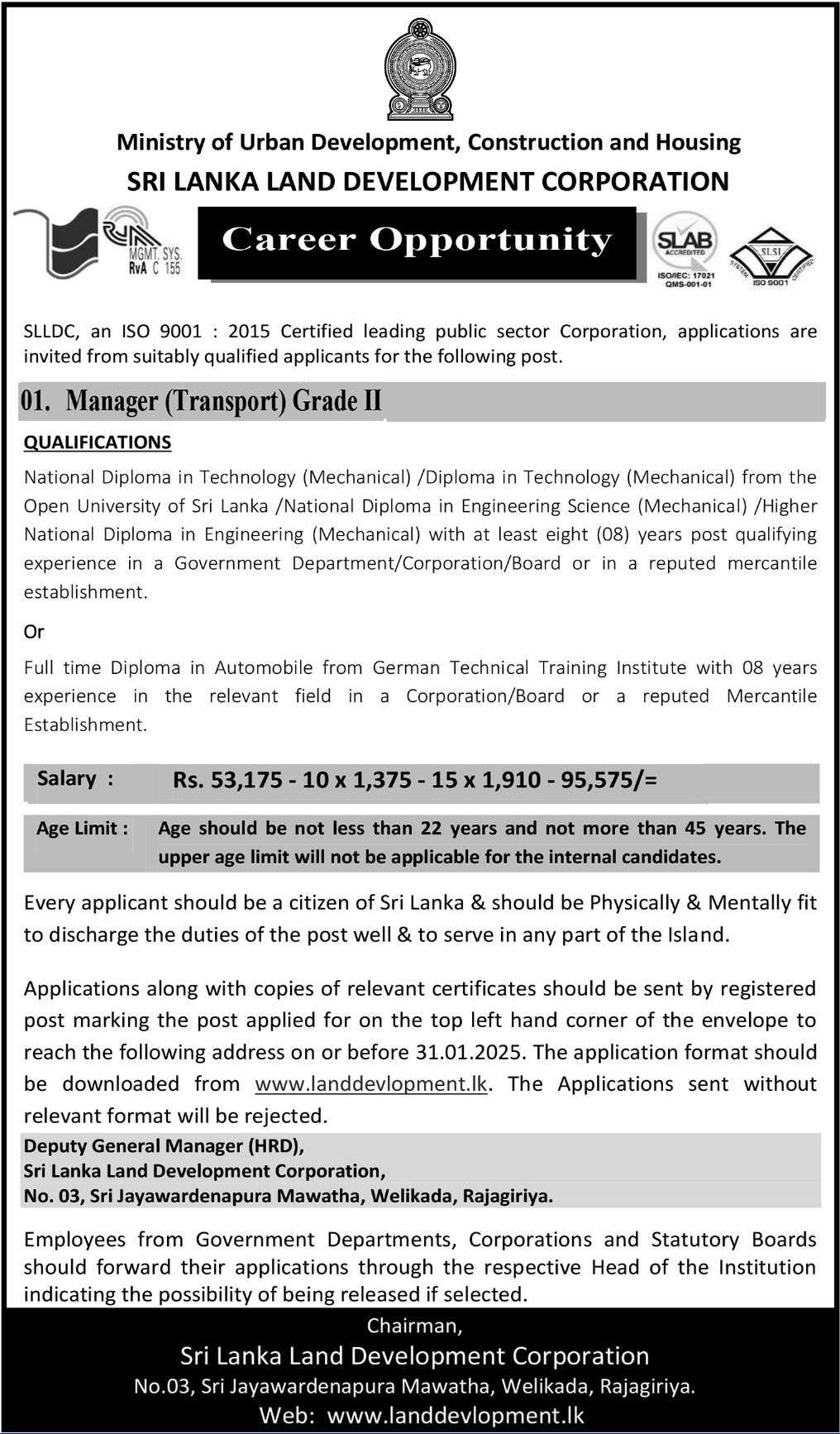  Manager (Transport) - Sri Lanka Land Development Corporation