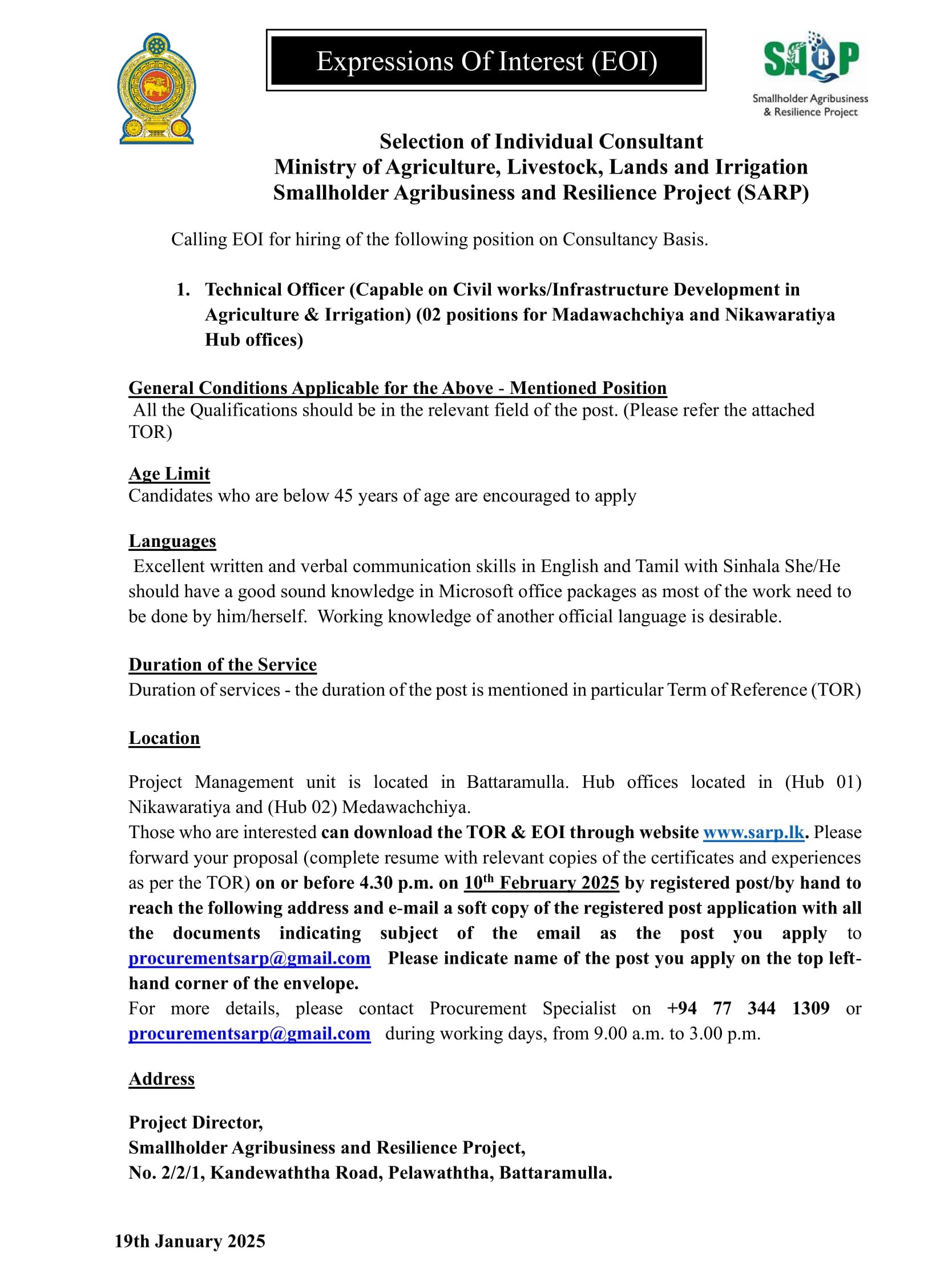 Technical Officer - Smallholder Agribusiness & Resilience Project - Ministry of Agriculture, Livestock, Lands & Irrigation