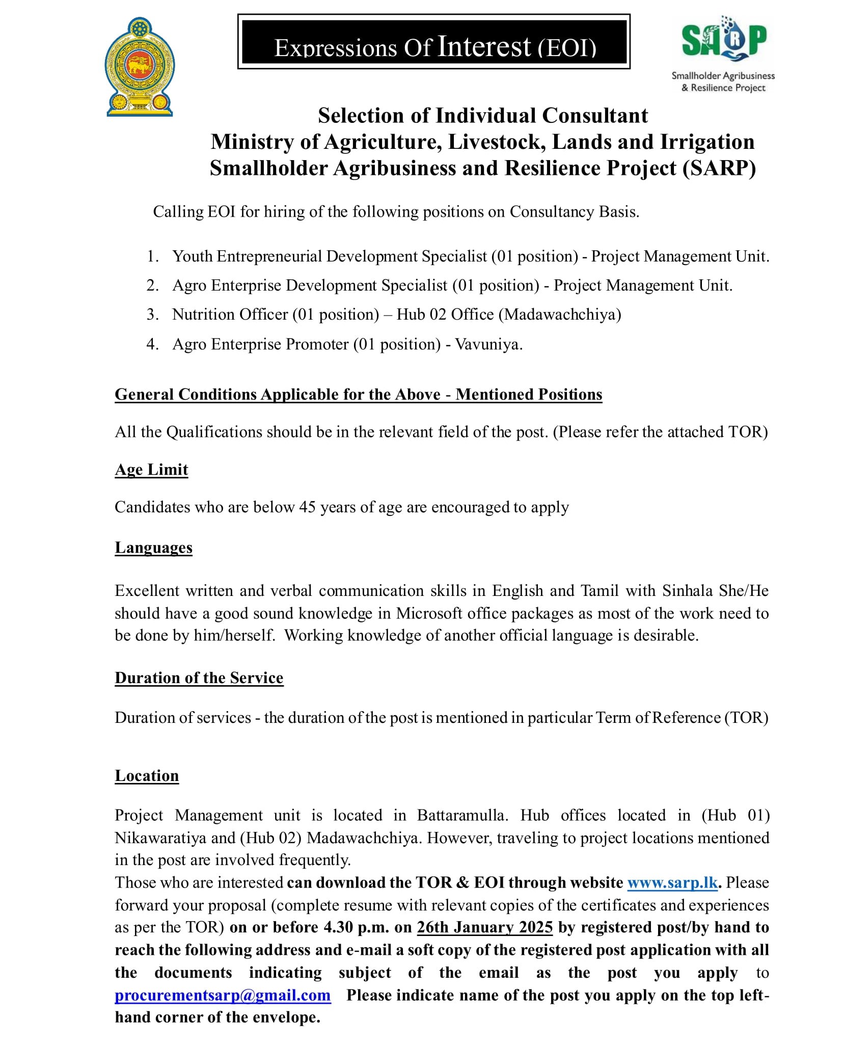 Youth Entrepreneurial Development Specialist, Agro Enterprise Development Specialist, Nutrition Officer, Agro Enterprise Promoter - Smallholder Agribusiness & Resilience Project - Ministry of Agriculture, Livestock, Lands & Irrigation