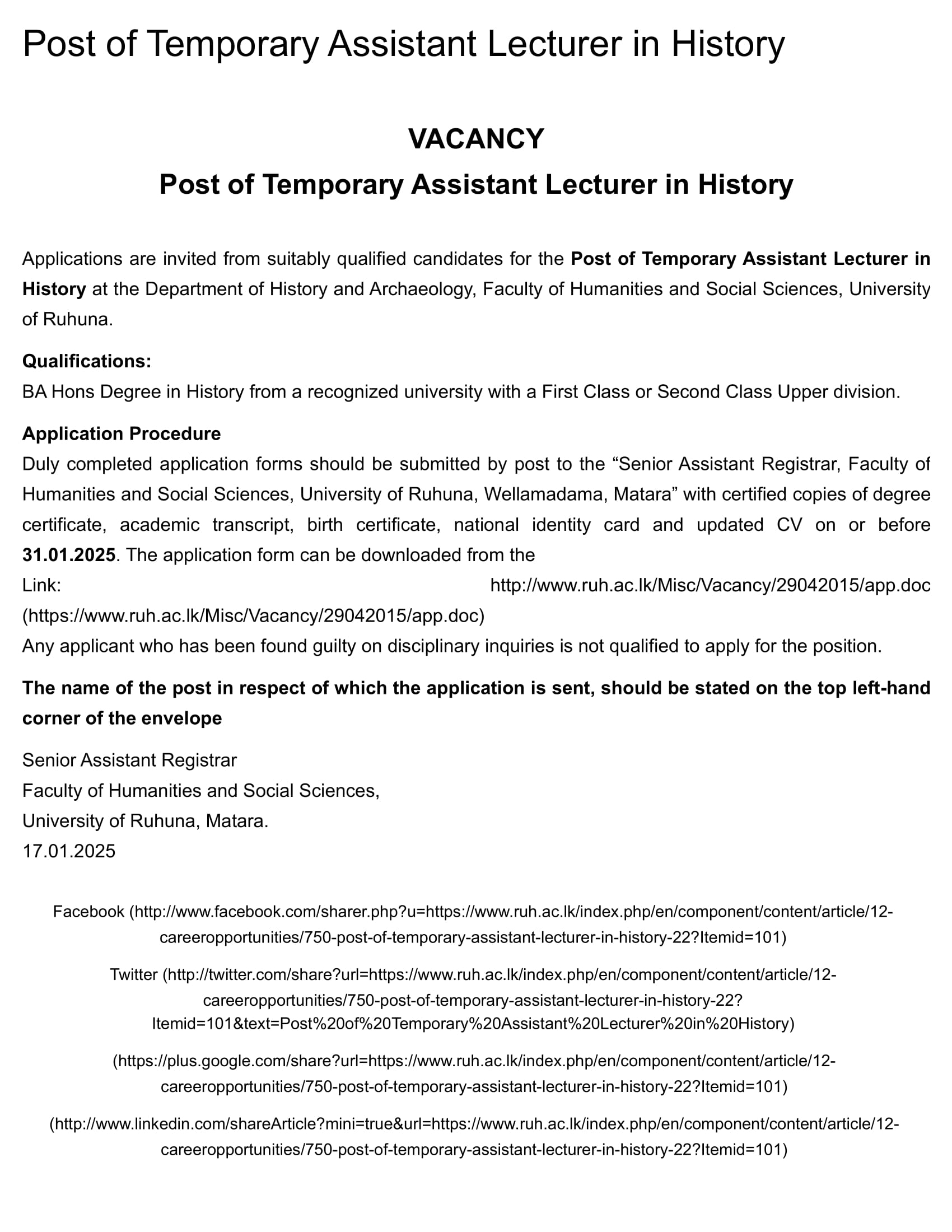 Temporary Assistant Lecturer - University of Ruhuna