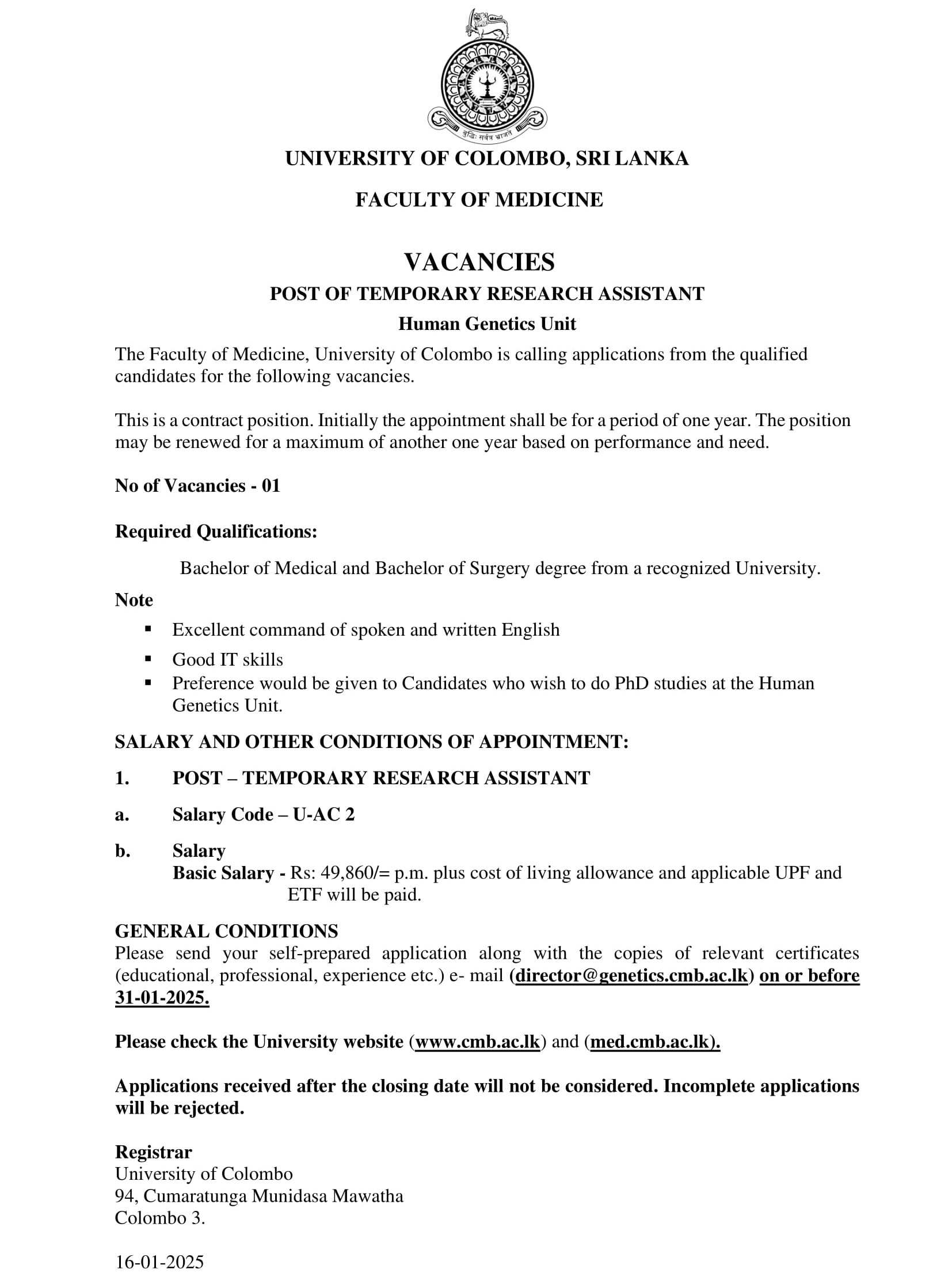 Temporary Research Assistant - University of Colombo
