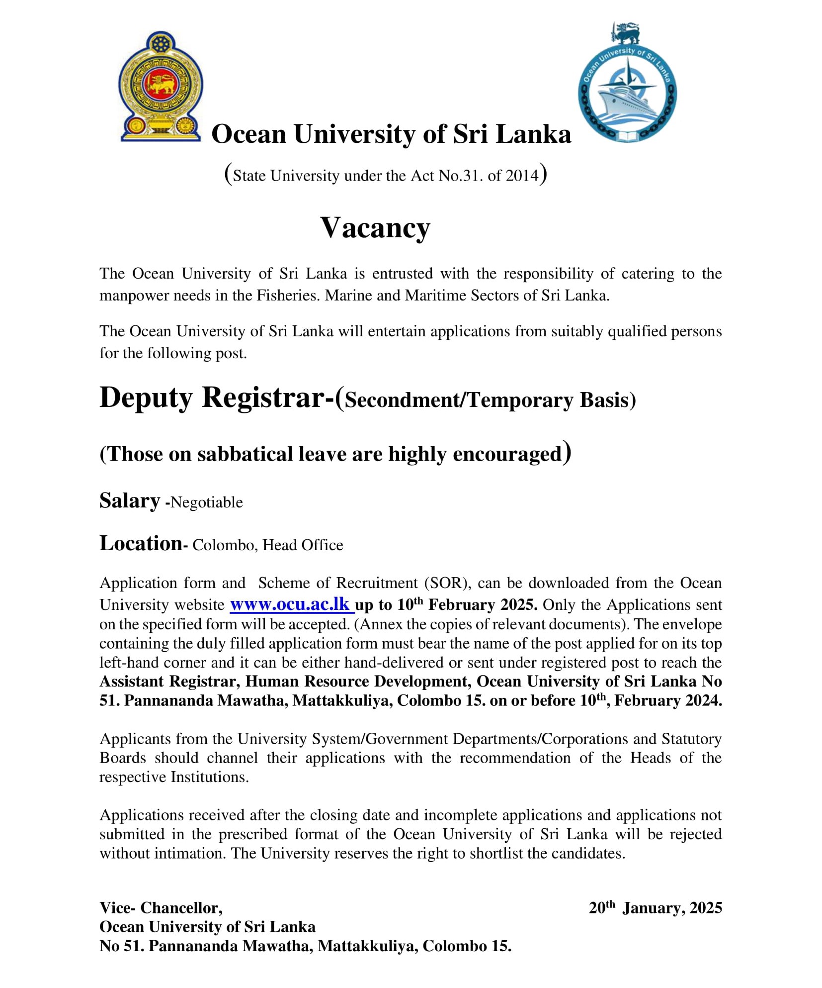 Deputy Registrar - Ocean University of Sri Lanka