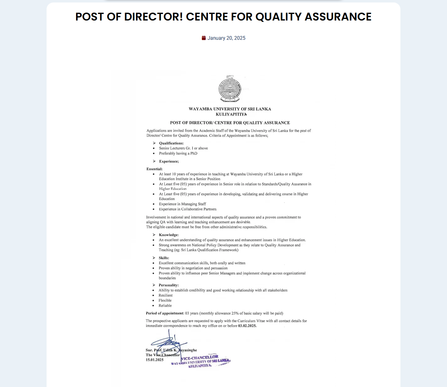 Director - Wayamba University of Sri Lanka