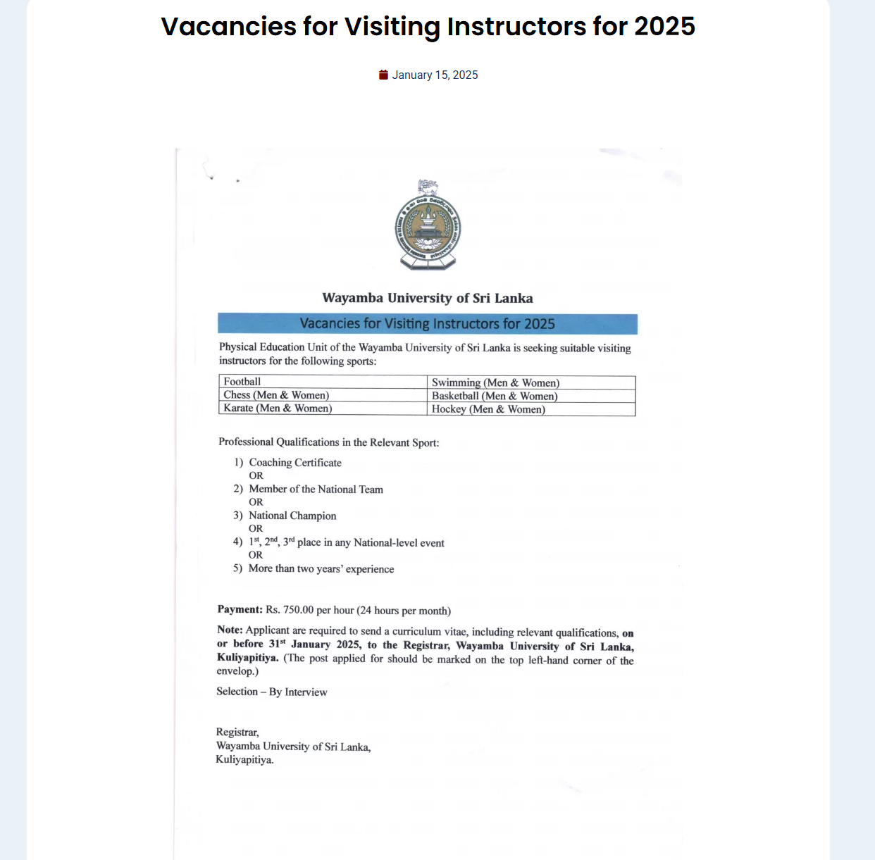 Visiting Instructor - Wayamba University of Sri Lanka