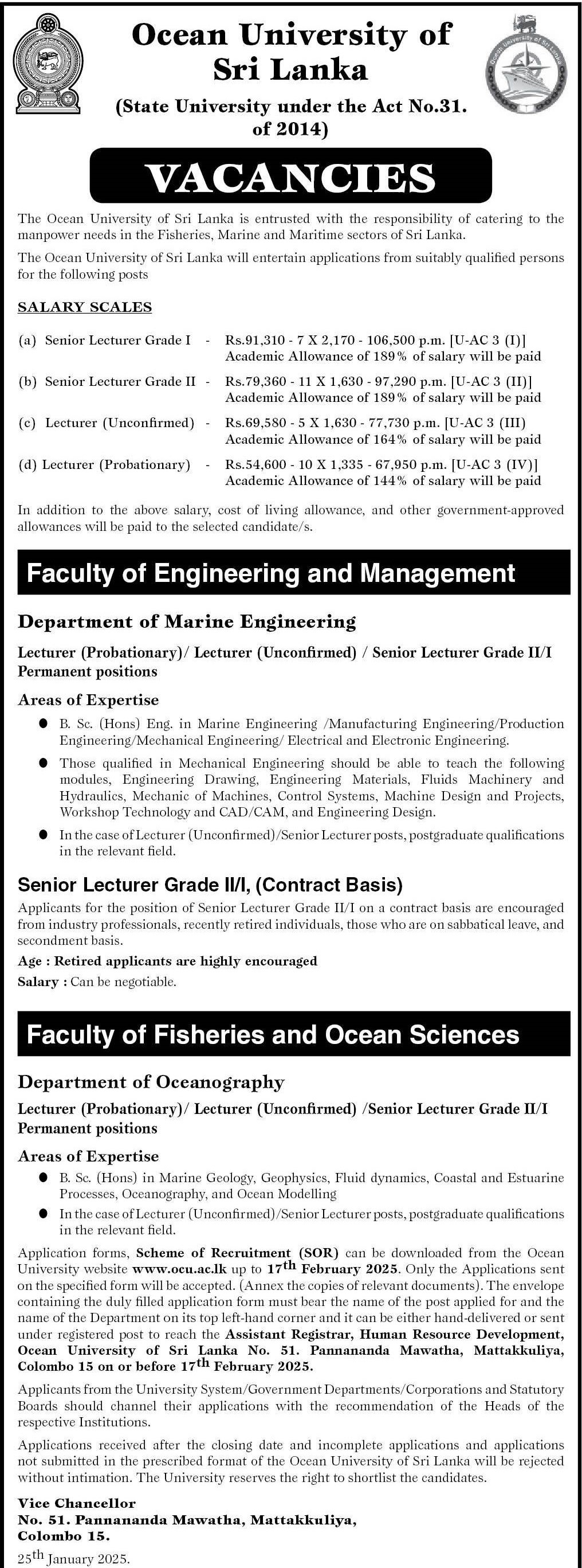 Senior Lecturer, Lecturer - Ocean University of Sri Lanka