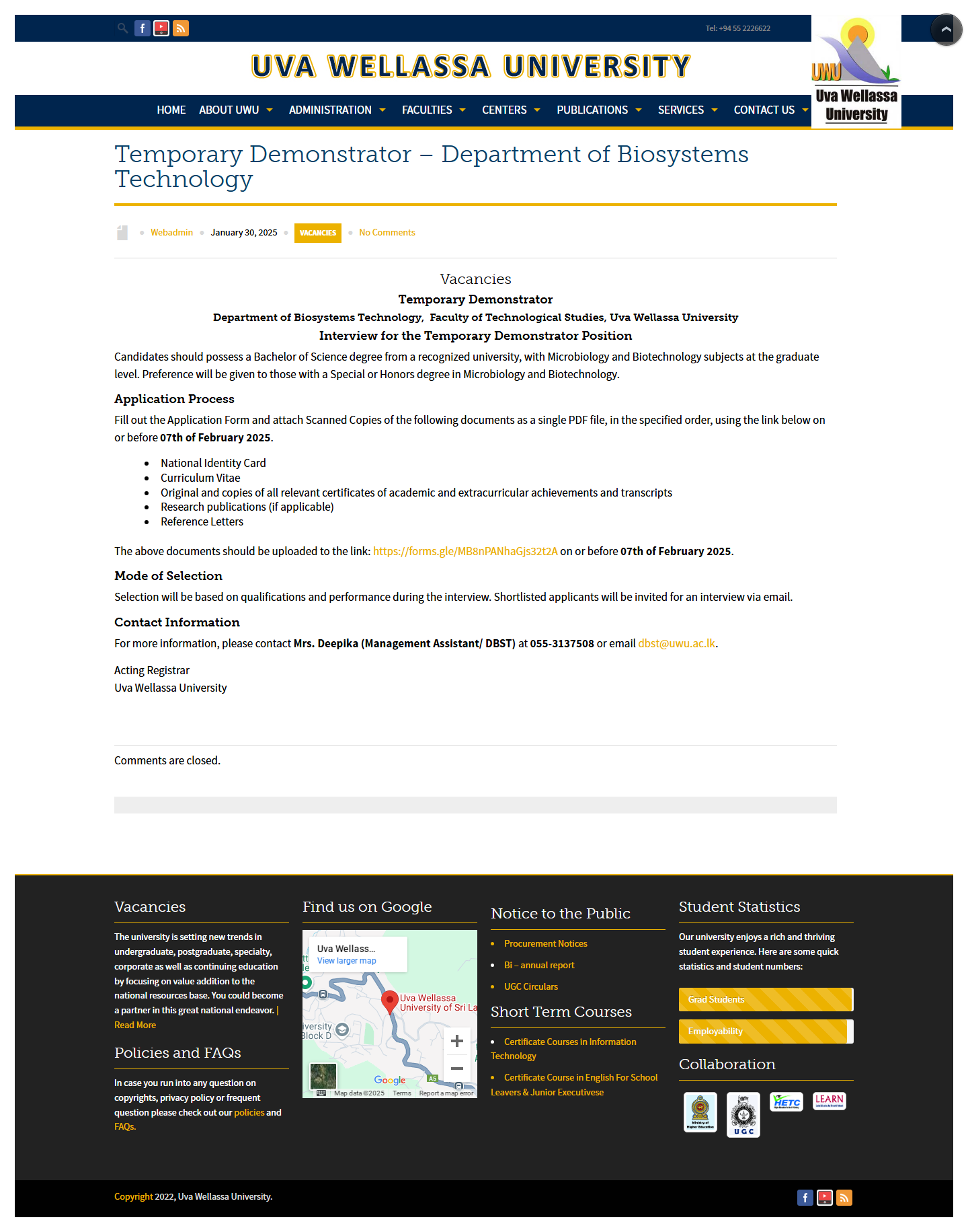 Temporary Demonstrator - Uva Wellassa University