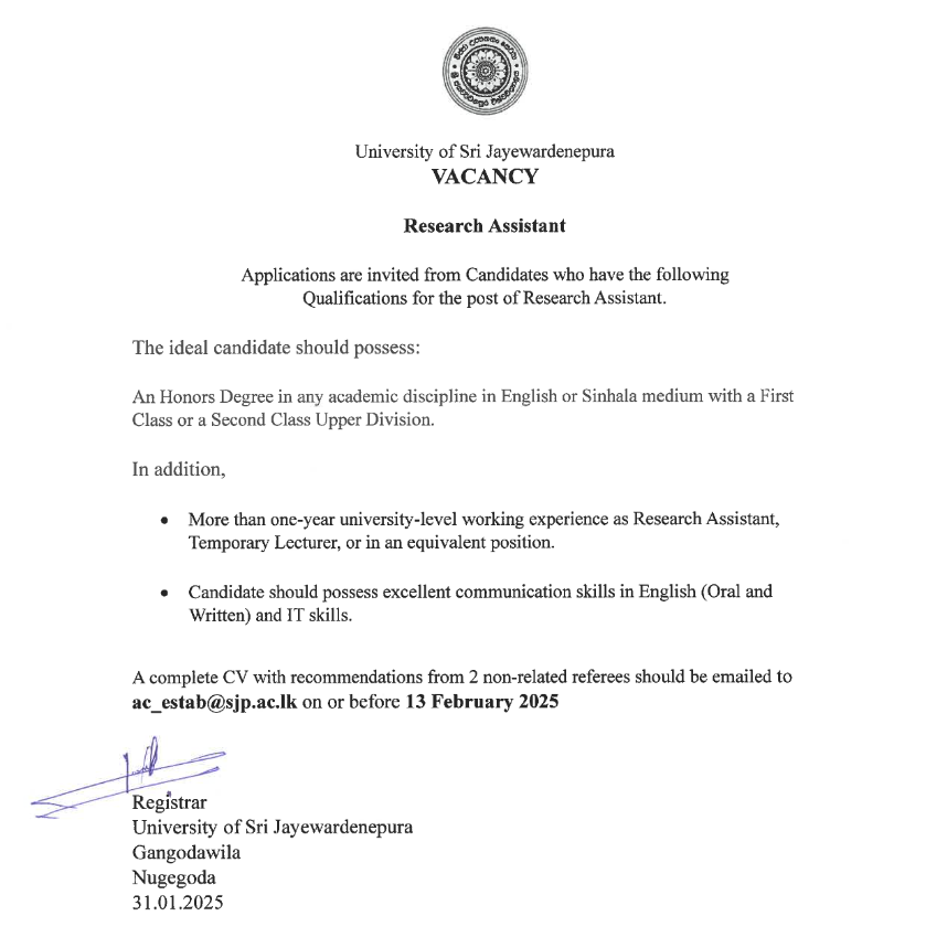 Research Assistant - University of Sri Jayewardenepura