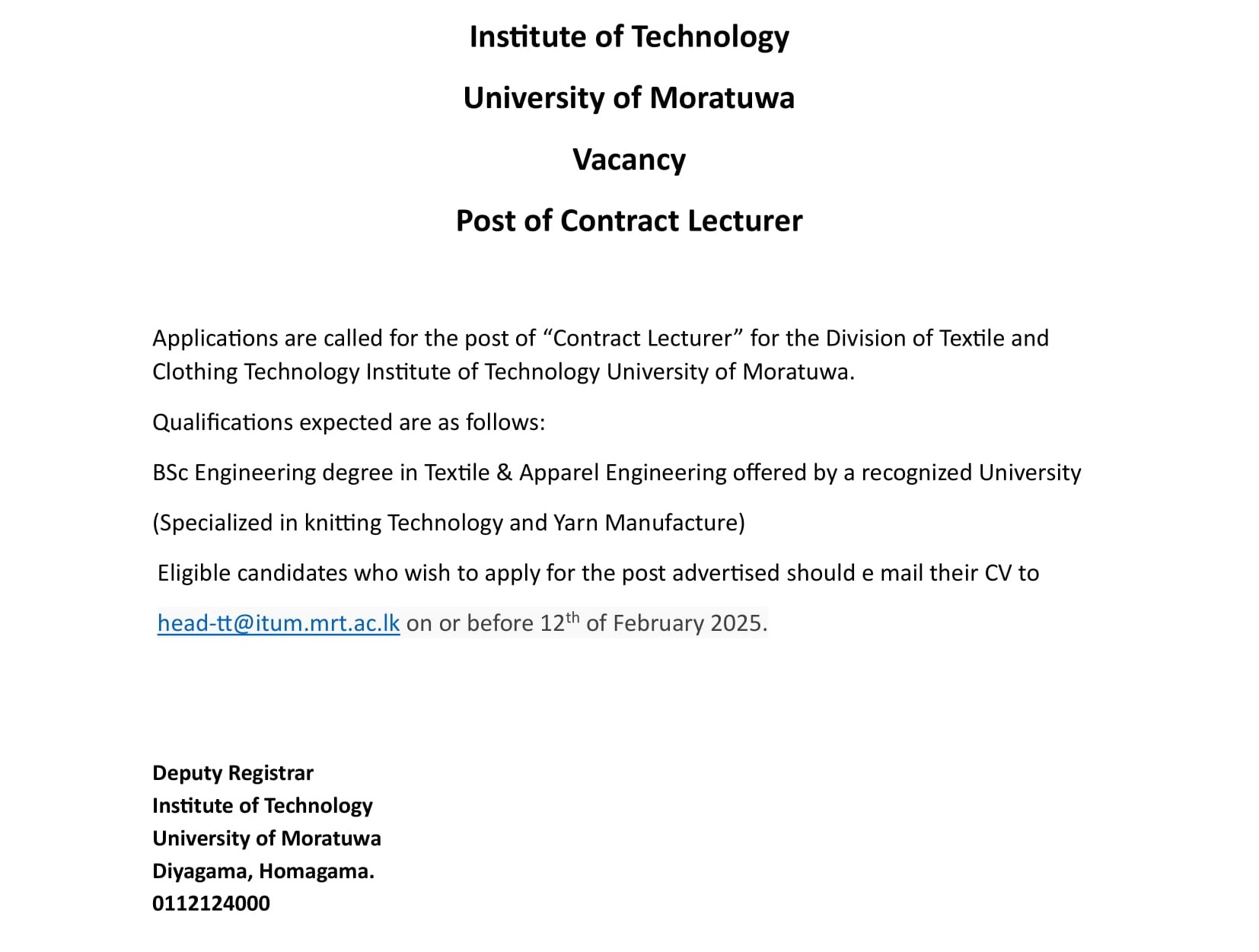 Contract Lecturer - University of Moratuwa
