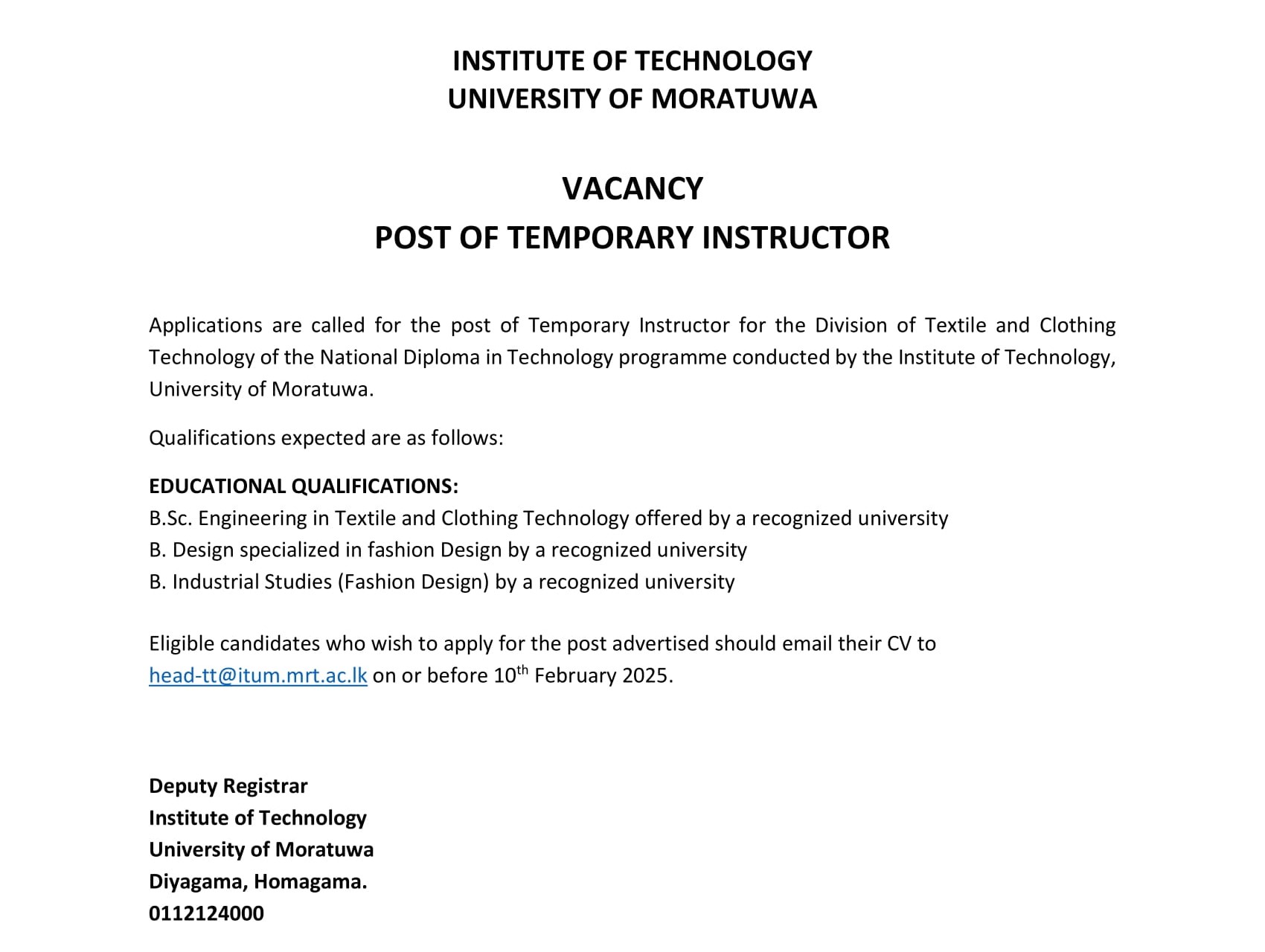 Temporary Instructor - University of Moratuwa