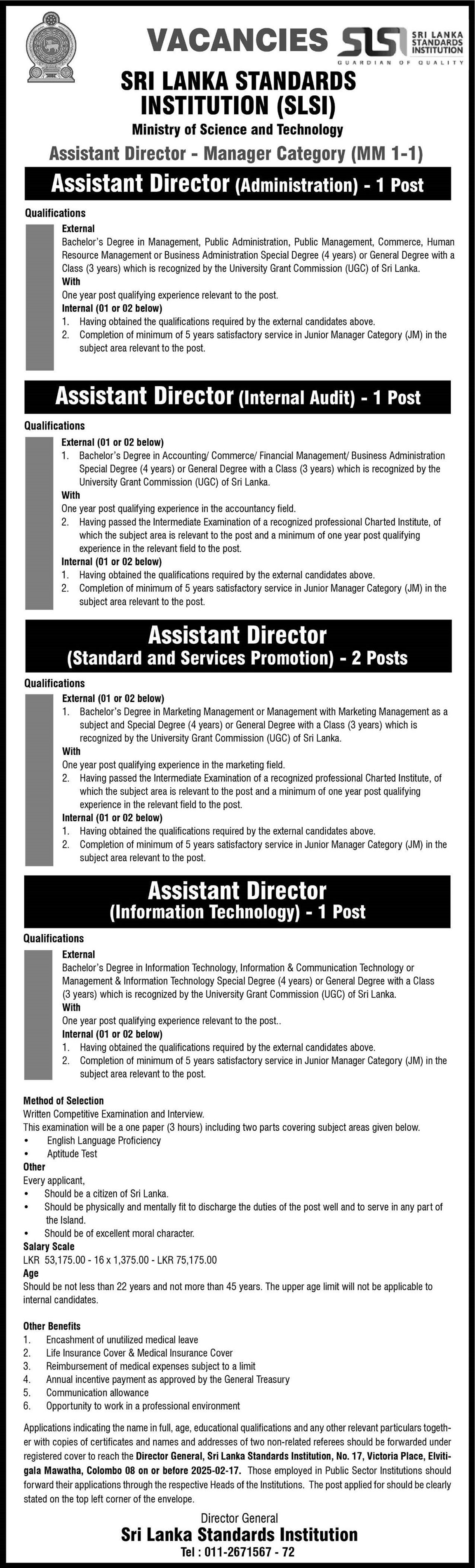 Assistant Director - Sri Lanka Standards Institution