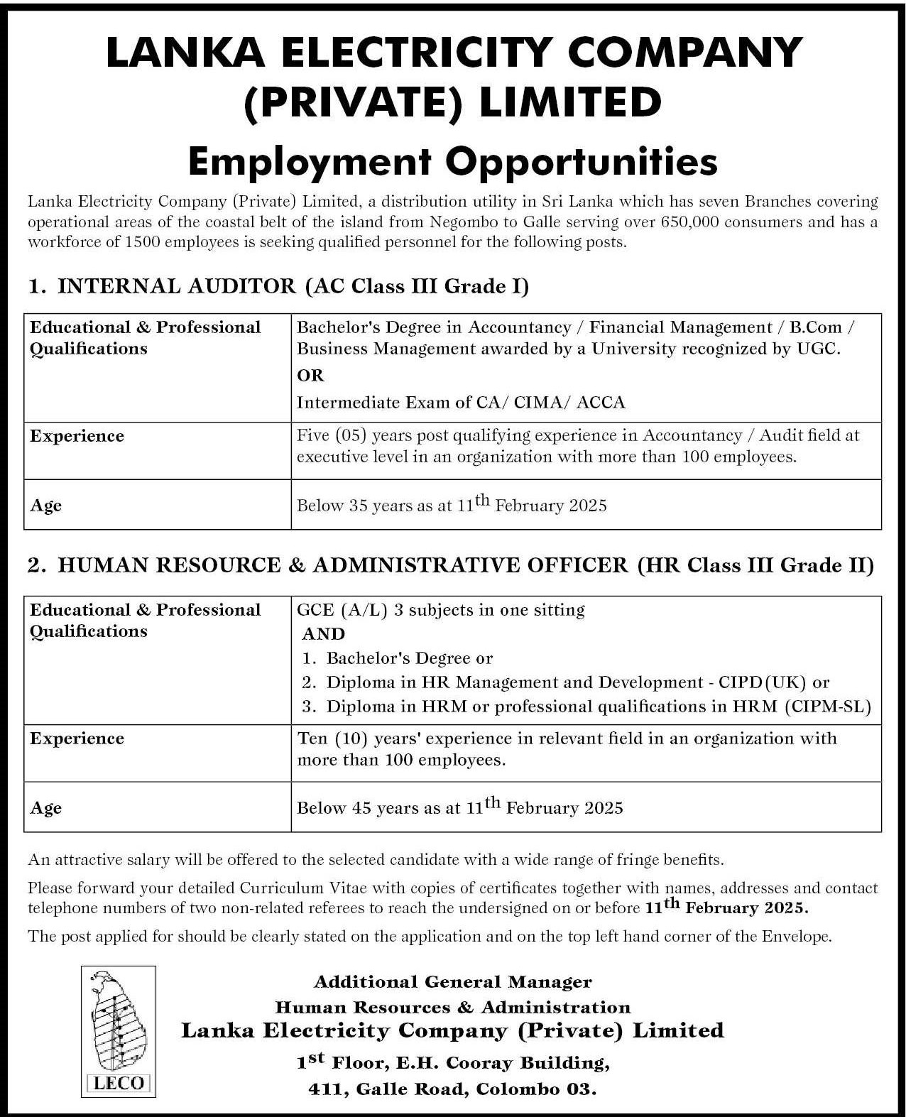 Internal Auditor, Human Resource & Administrative Officer - Lanka Electricity Company (Private) Limited