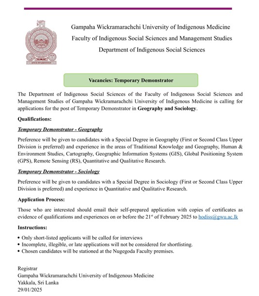 Temporary Demonstrator - Gampaha Wickramarachchi University of Indigenous Medicine