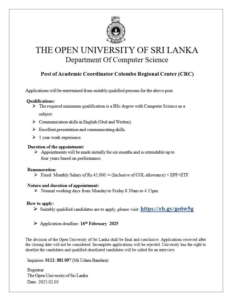 Academic Coordinator - The Open University of Sri Lanka