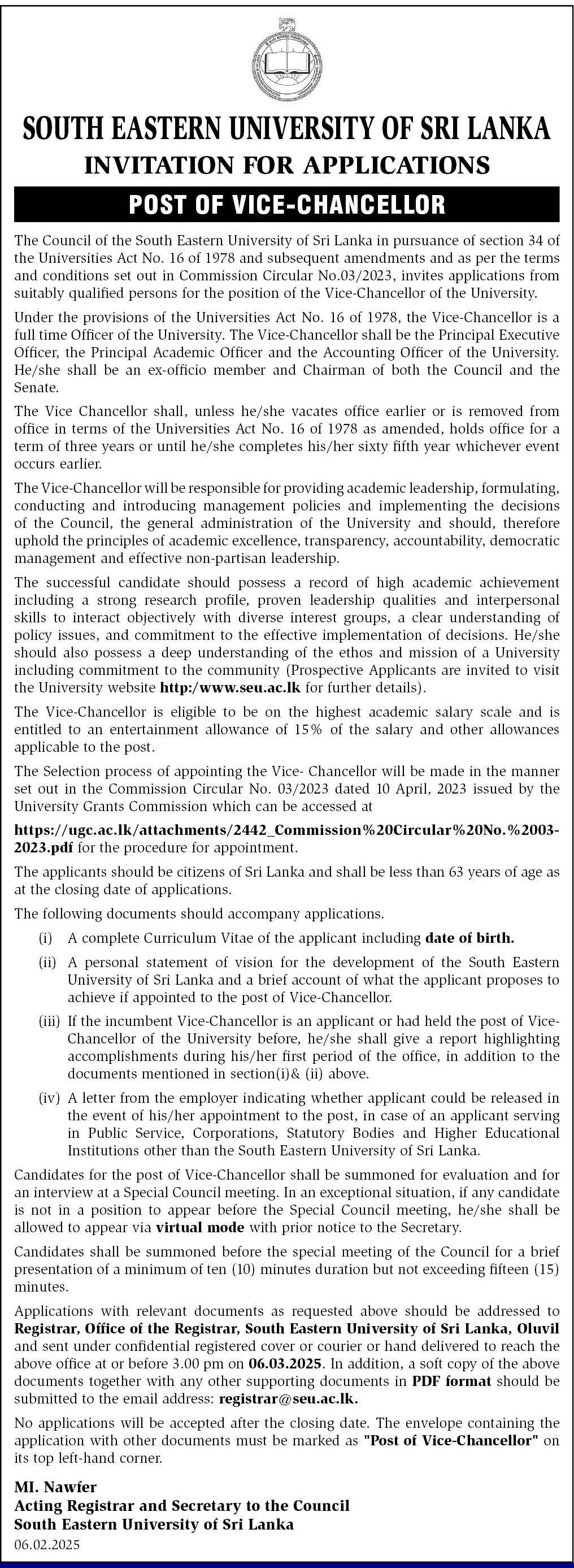 Vice Chancellor - South Eastern University of Sri Lanka
