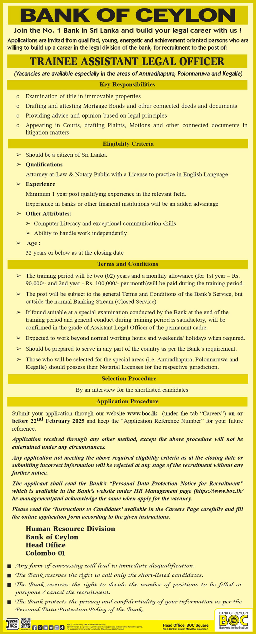 Trainee Assistant Legal Officer - Bank of Ceylon
