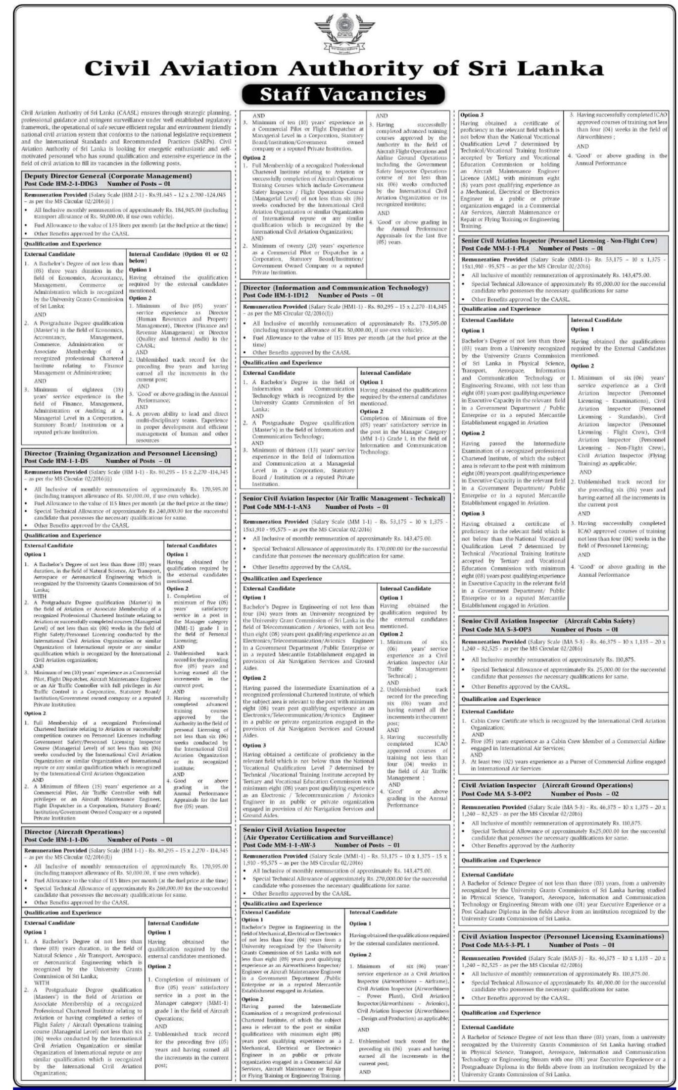 Deputy Director General, Director, Senior Civil Aviation Inspector, Civil Aviation Inspector - Civil Aviation Authority of Sri Lanka