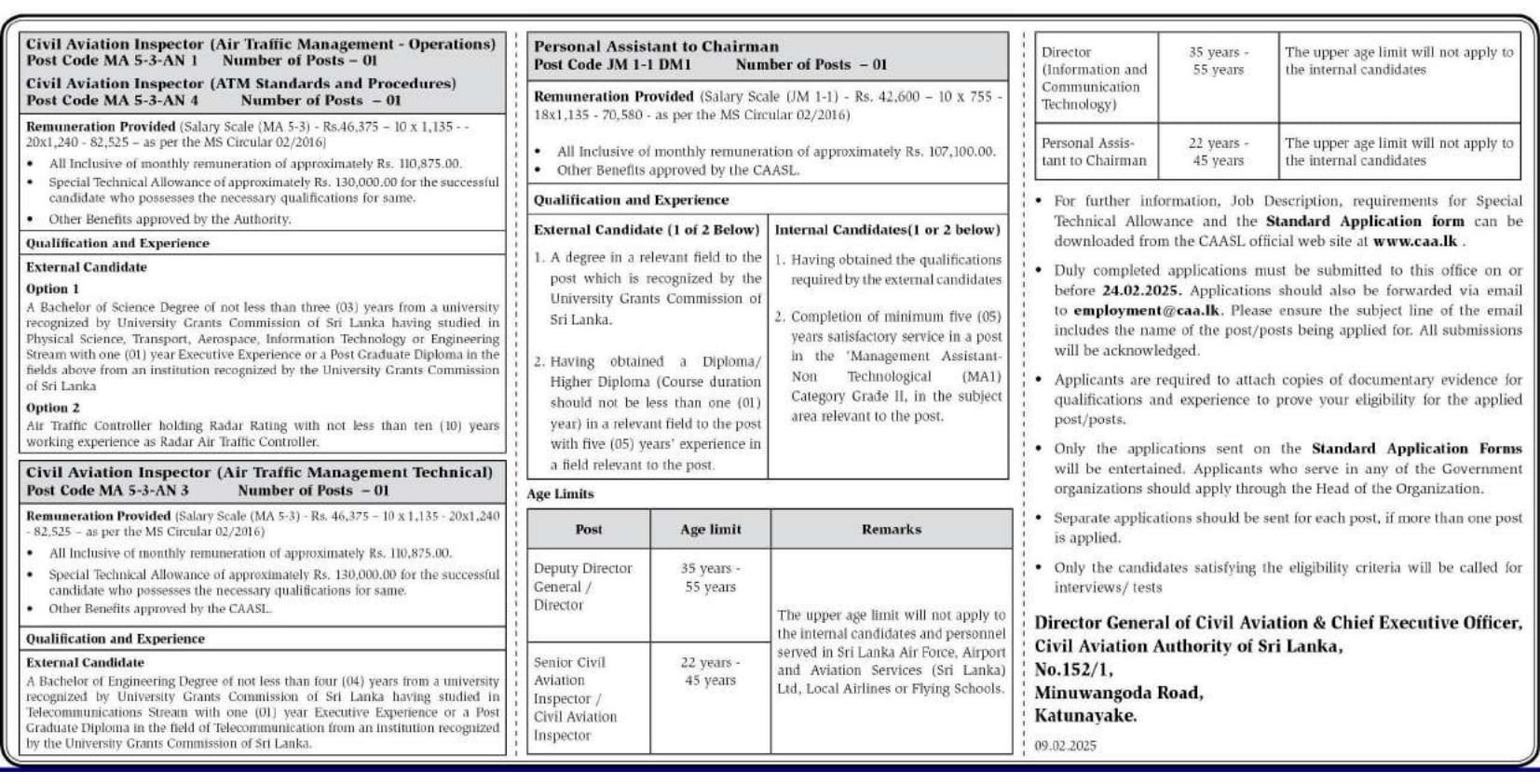 Deputy Director General, Director, Senior Civil Aviation Inspector, Civil Aviation Inspector - Civil Aviation Authority of Sri Lanka