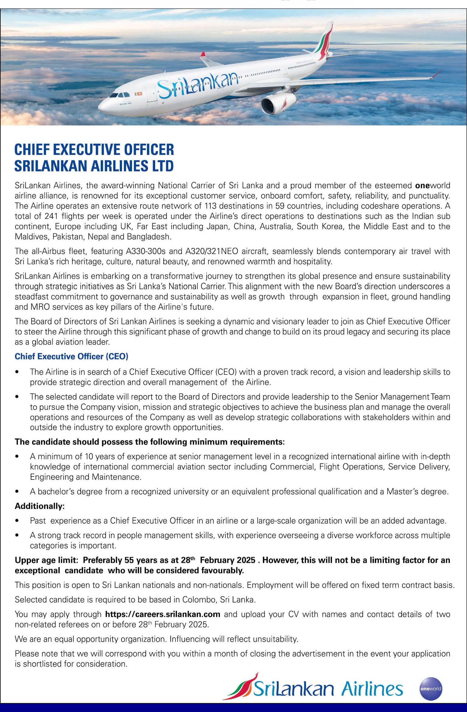 Chief Executive Officer - SriLankan Airlines Limited