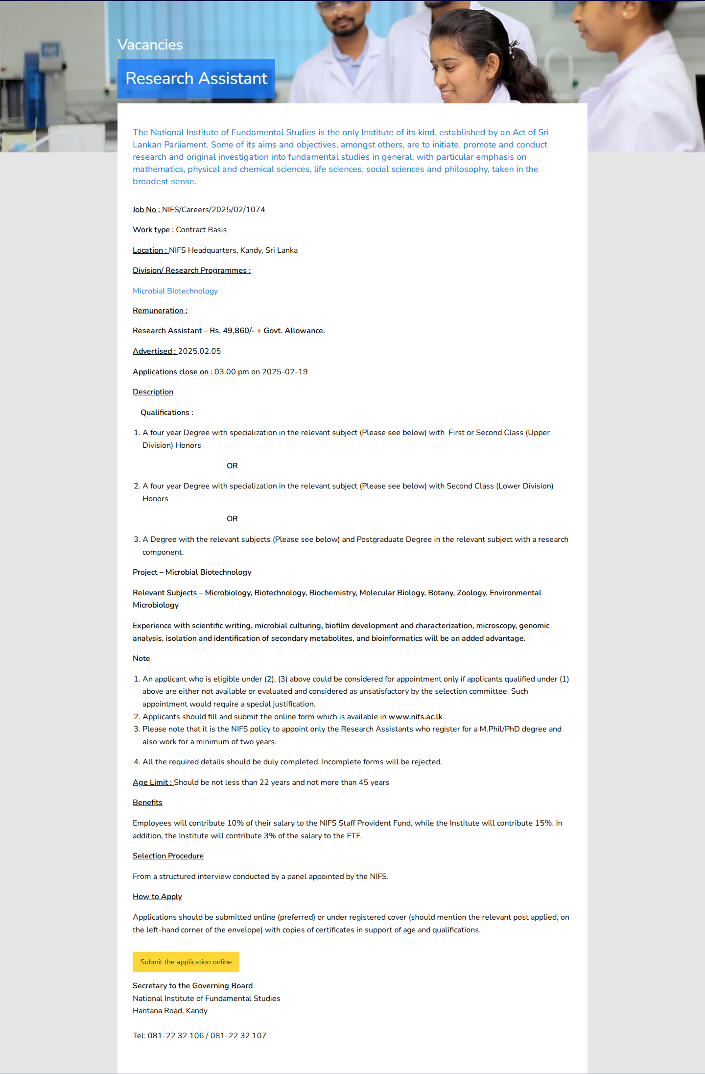 Research Assistant - National Institute of Fundamental Studies