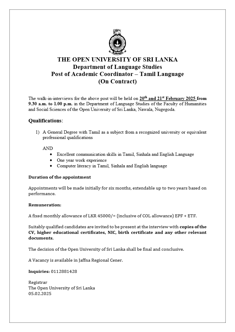 Academic Coordinator, Project Assistant - The Open University of Sri Lanka