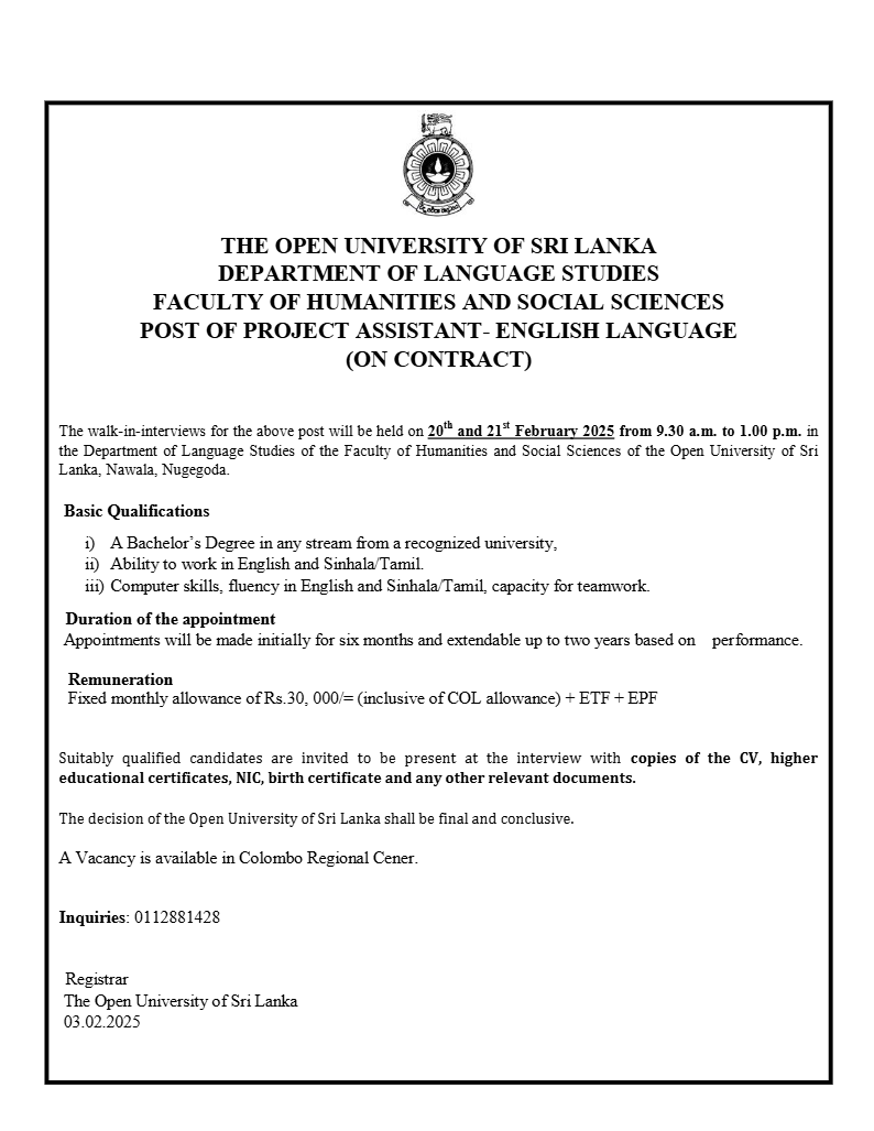 Academic Coordinator, Project Assistant - The Open University of Sri Lanka