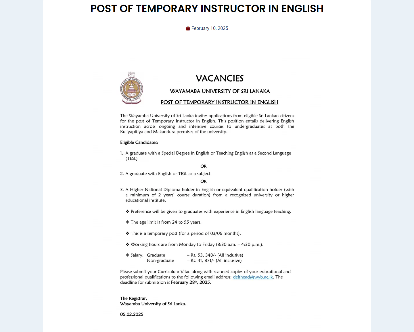 Temporary in Instructor - Wayamba University of Sri Lanka