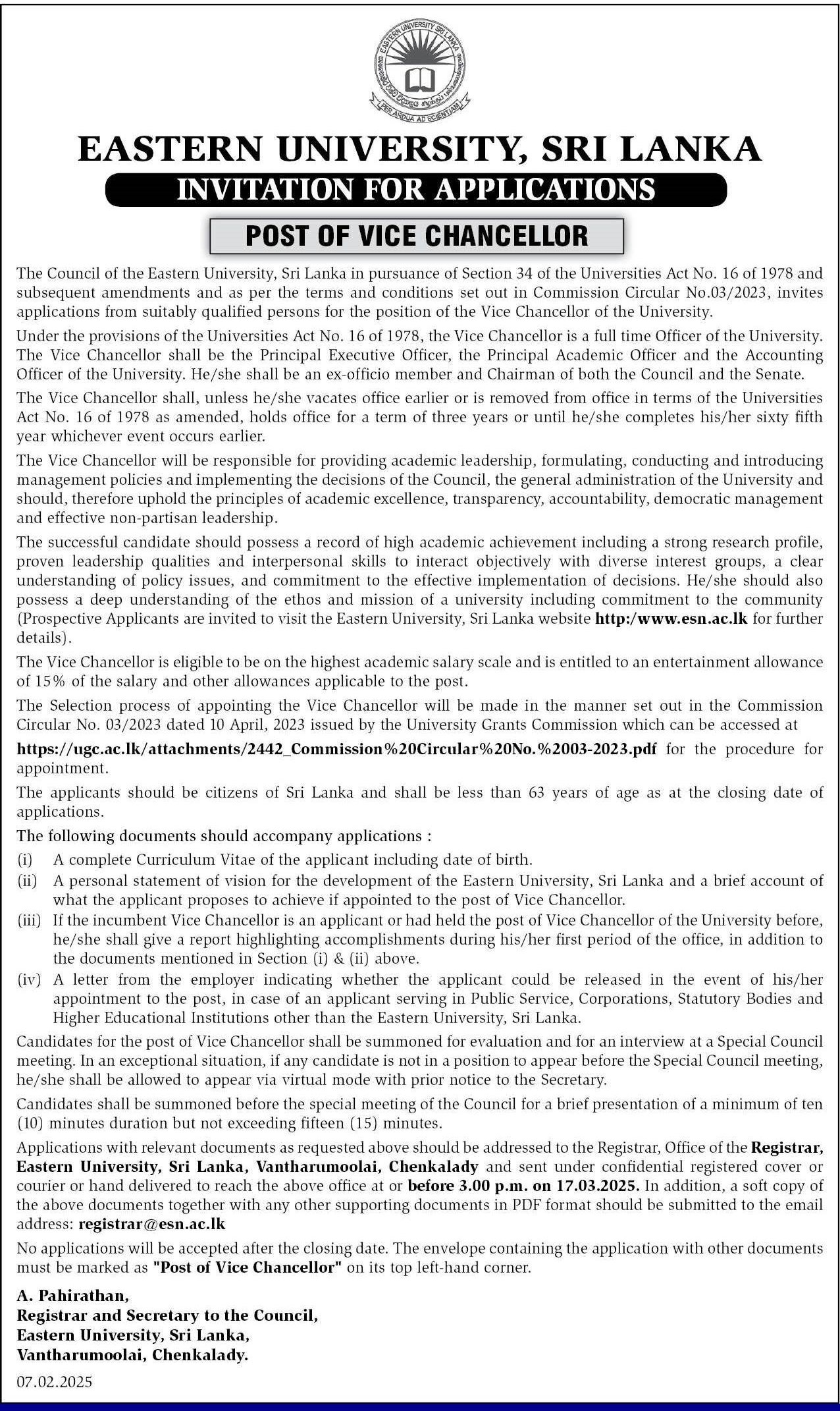 Vice Chancellor - Eastern University, Sri Lanka