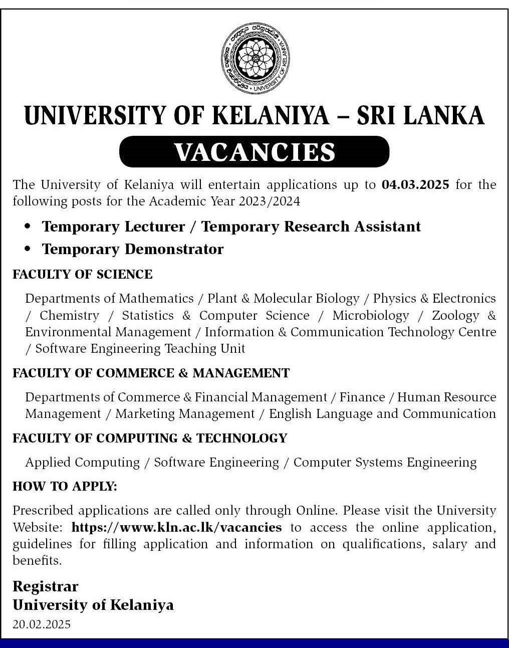 Temporary Lecturer/Temporary Research Assistant, Temporary Demonstrator - University of Kelaniya