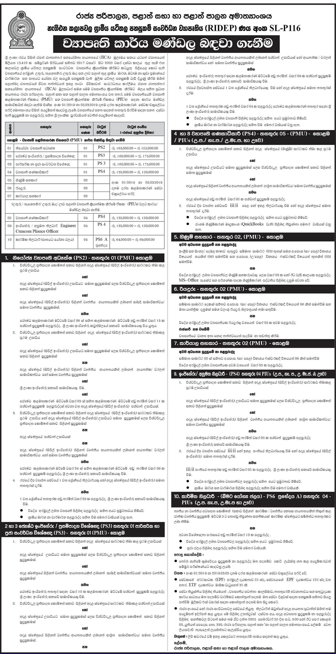 Deputy Project Director, Senior Engineer, Procurement Specialist, Environmental & Community Development Specialist, Project Accountant, Accounts Assistant, Driver, Office Assistant, Engineer/Cumcom Pliance Officer, Technical Officer - Ministry of Public Administration, Provincial Councils  Local Government
