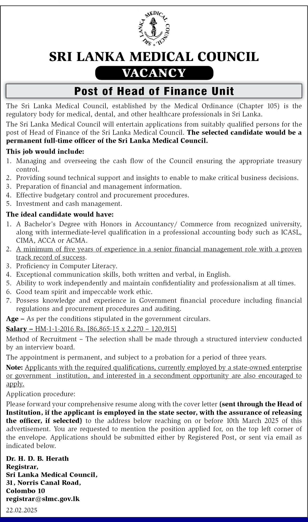 Head of Finance - Sri Lanka Medical Council